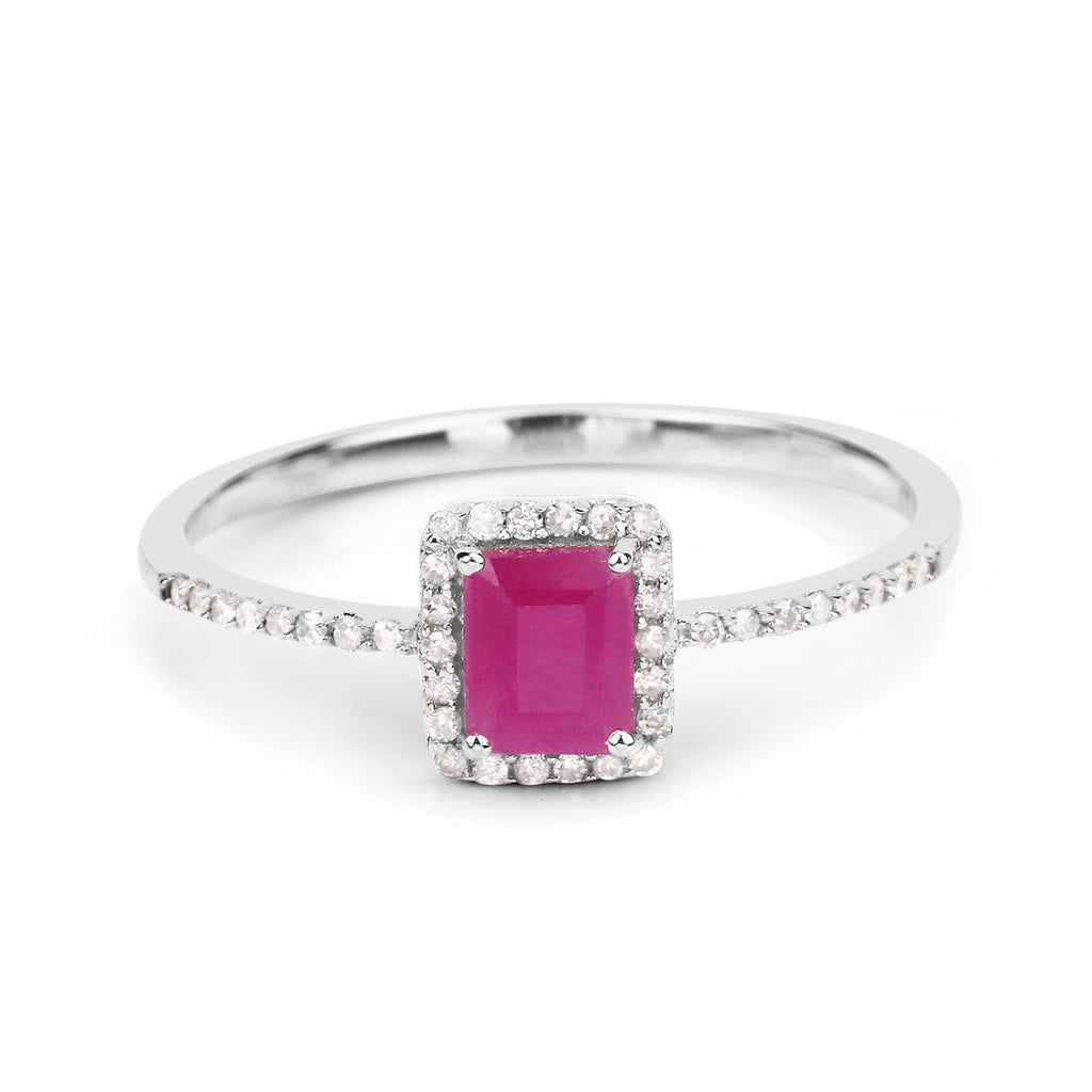 0.58 Carat Genuine Ruby and White Diamond 14K White Gold Ring