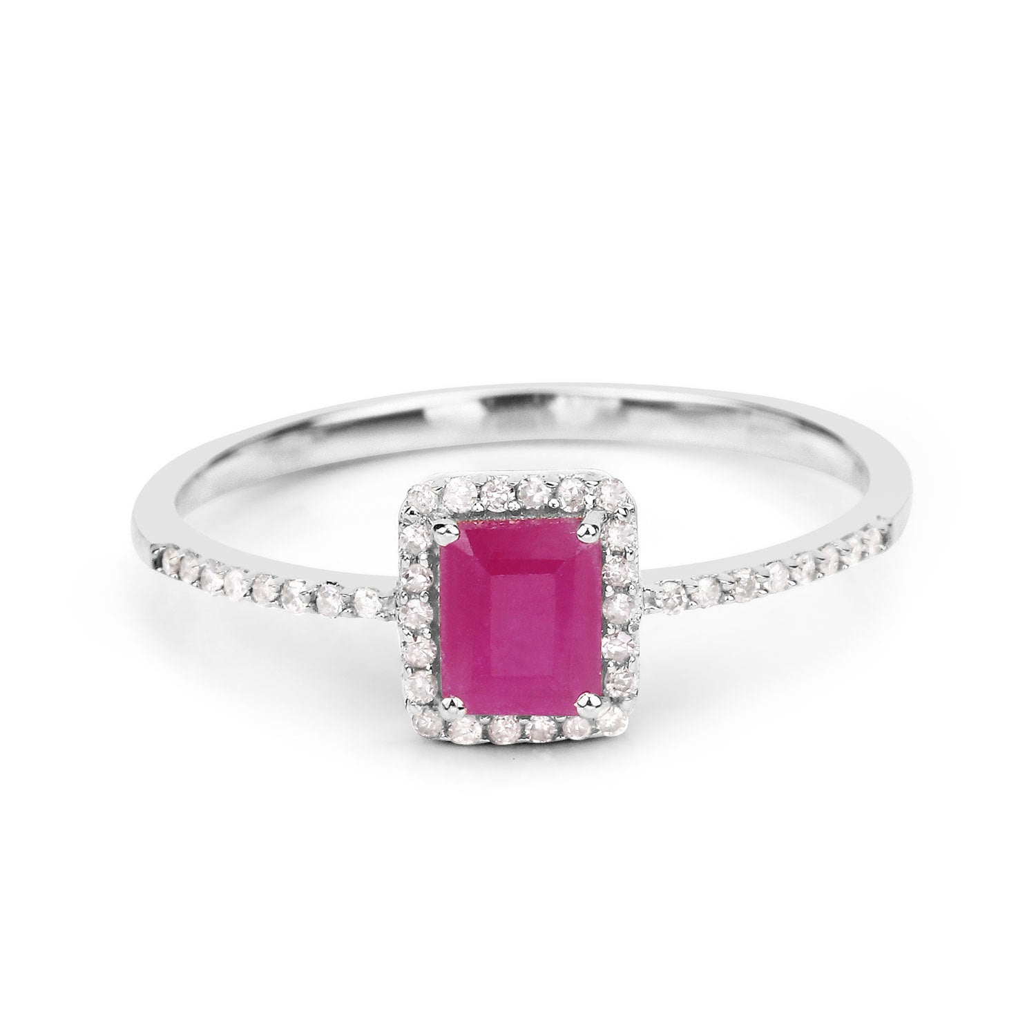 0.58 Carat Genuine Ruby and White Diamond 14K White Gold Ring