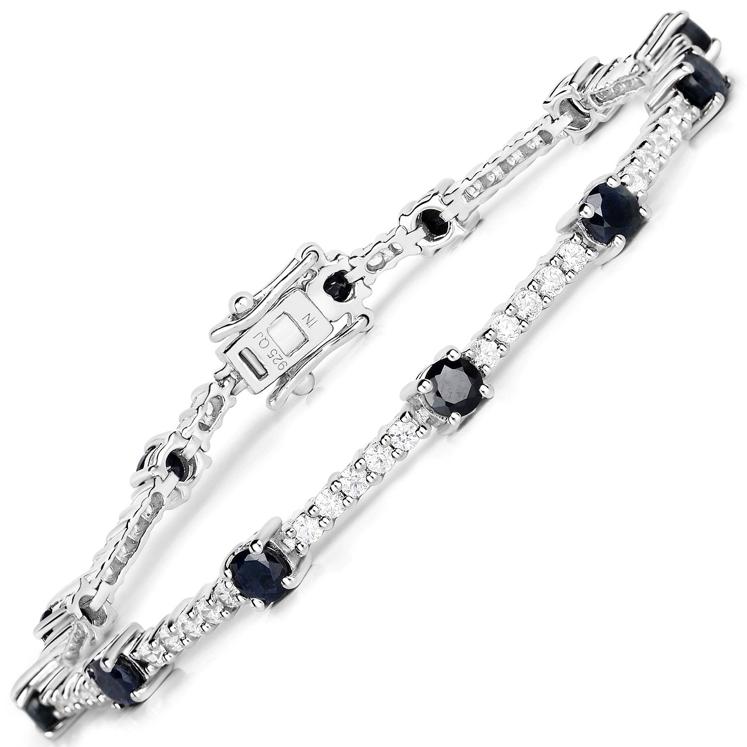 6.21 Carat Genuine Blue Sapphire and White Zircon .925 Sterling Silver Bracelet