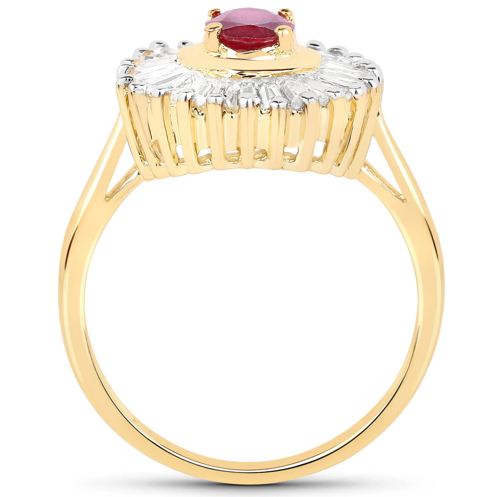 14K Yellow Gold Plated 2.44 Carat Glass Filled Ruby and White Topaz .925 Sterling Silver Ring