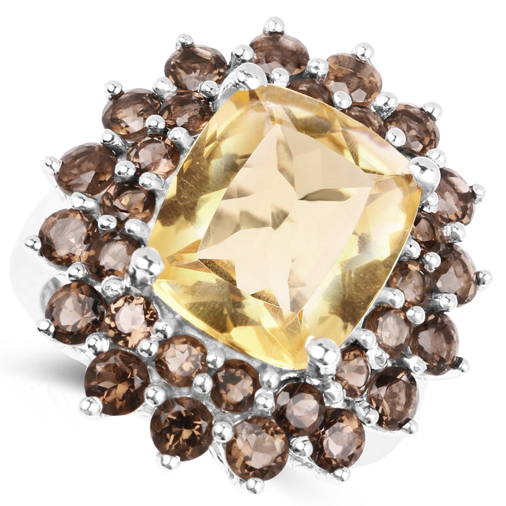 8.95 Carat Genuine Citrine and Smoky Quartz .925 Sterling Silver Ring