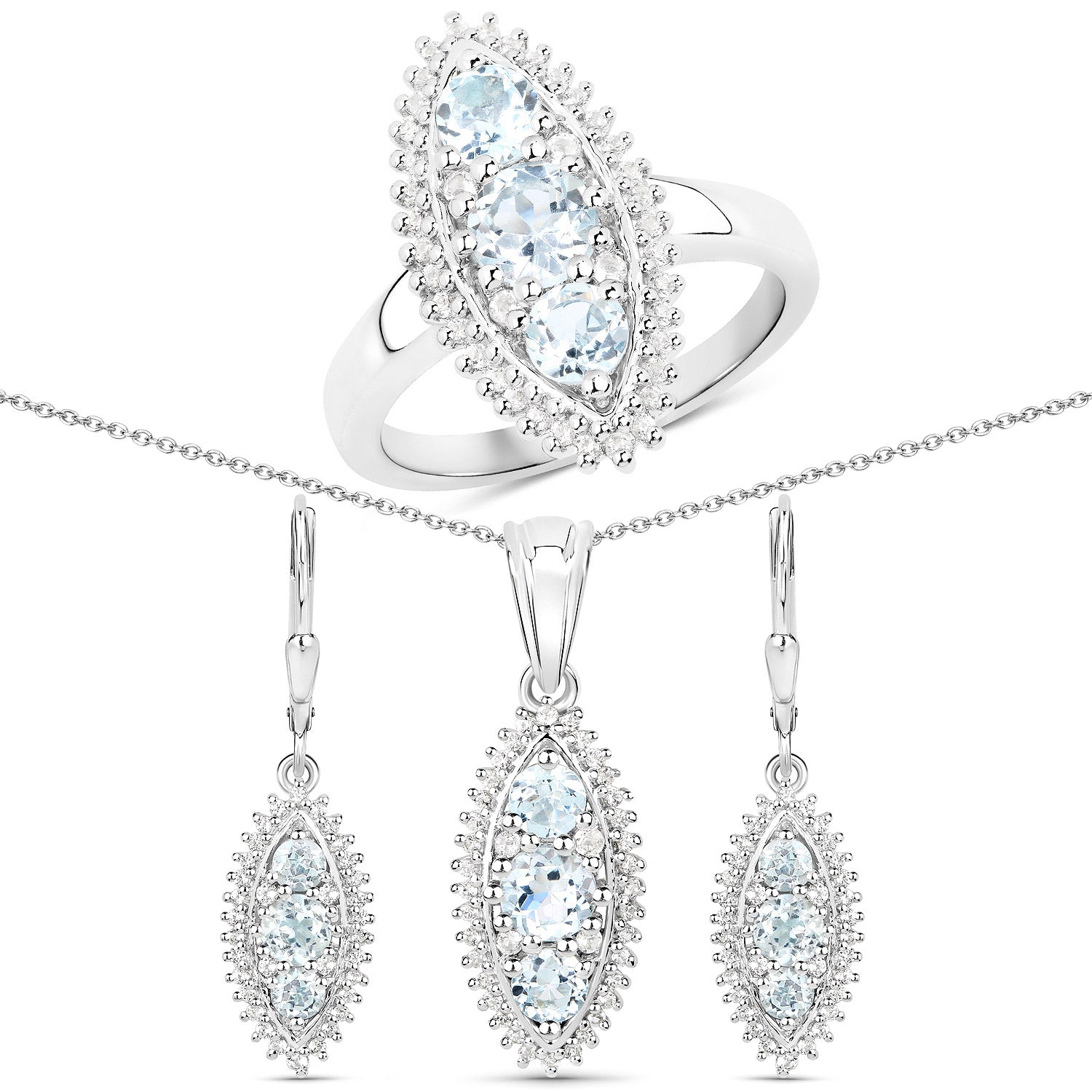 4.50 Carat Genuine Blue Topaz and White Topaz .925 Sterling Silver 3 Piece Jewelry Set (Ring, Earrings, and Pendant w/ Chain)