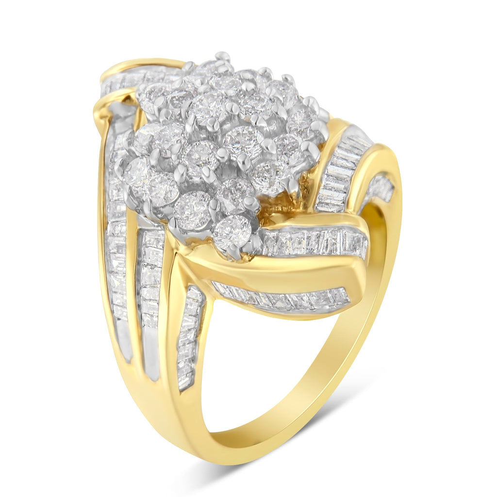 10K Yellow Gold Round and Baguette Diamond Crossover Cluster Ring (3 Cttw, I-J Color, I1-I2 Clarity) - Size 7-1/2