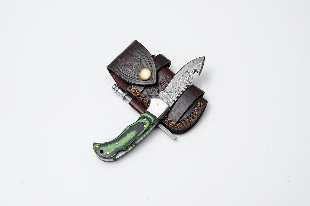 Green Micarta Damascus Gut Hook Hunting Knife TK-441