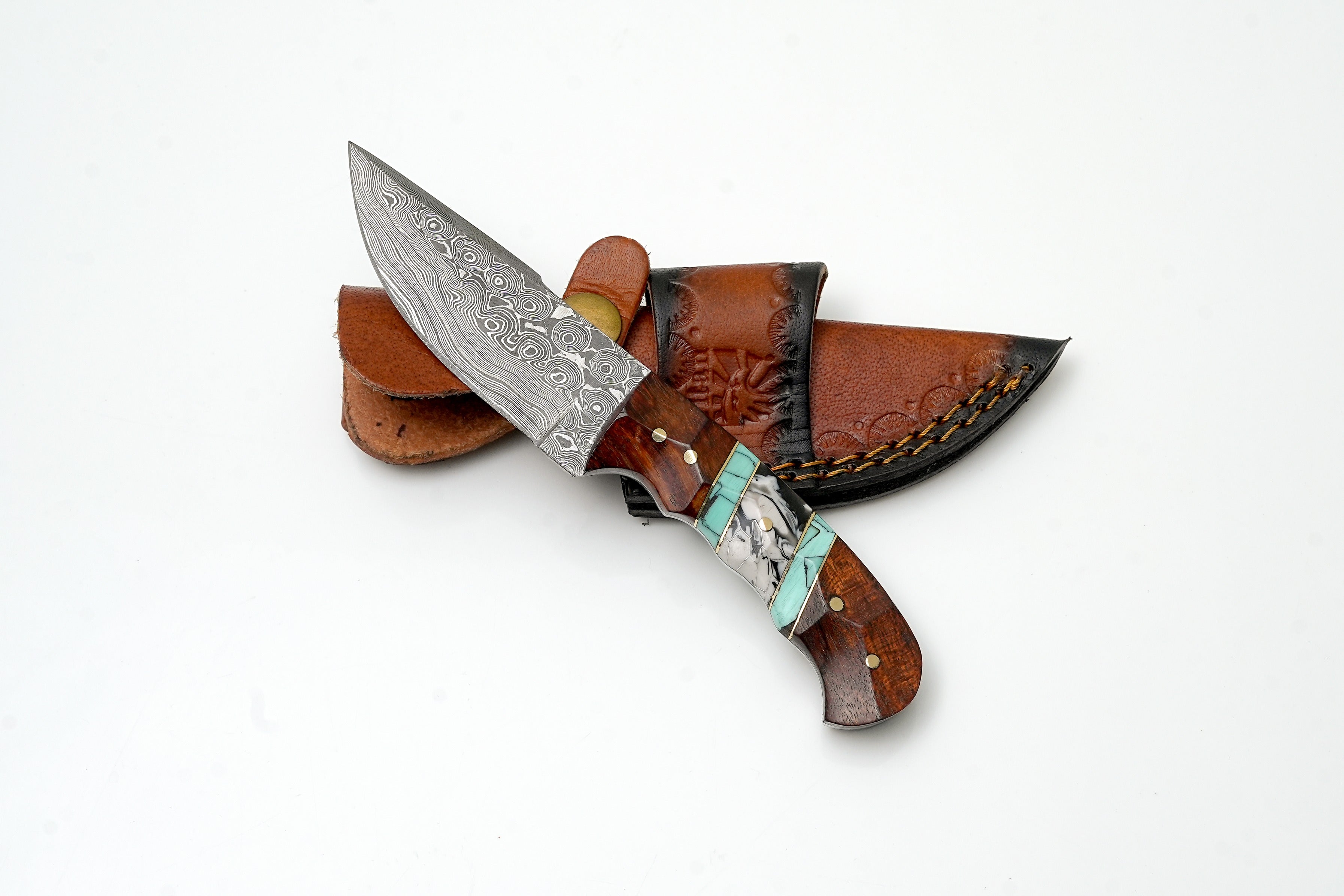 Hand-Forged Damascus Steel Field Knife | Custom Hybrid Wood & Turquoise Handle | Premium Outdoor Utility Gear TK-459