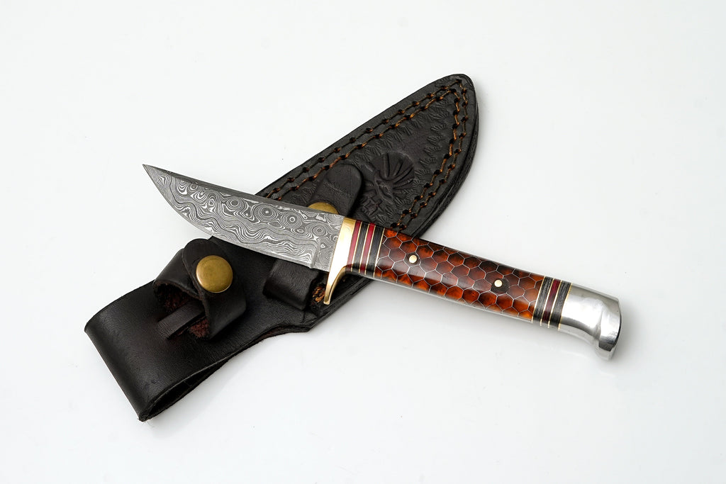 Hand-Forged Damascus Steel Hunter | Amber Honeycomb Handle with Brass Guard & Polished Pommel TK-468