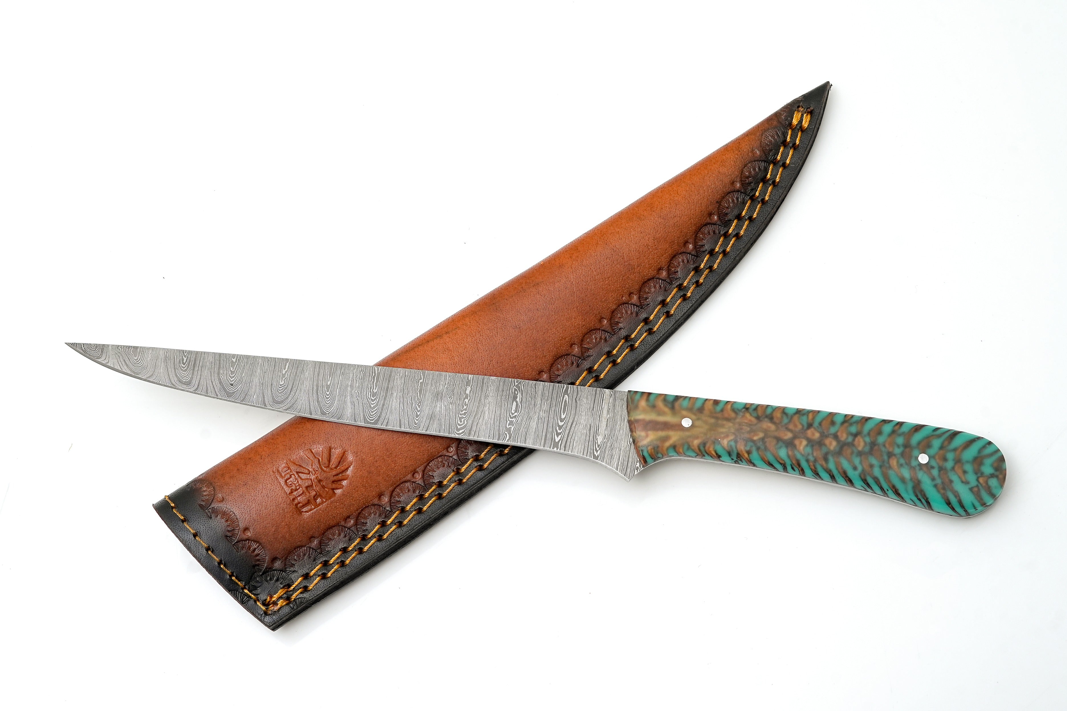 Hand-Forged Damascus Steel Fillet Knife | Custom Teal Pine Cone Resin Handle | Professional Fishing Tool TK-469