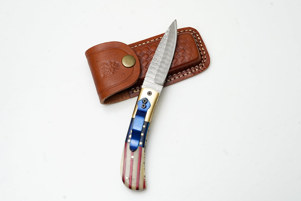 Patriotic American Flag Folding Knife | Hand-Forged Damascus Steel | Custom Blue Pocket Clip Edition TK-475