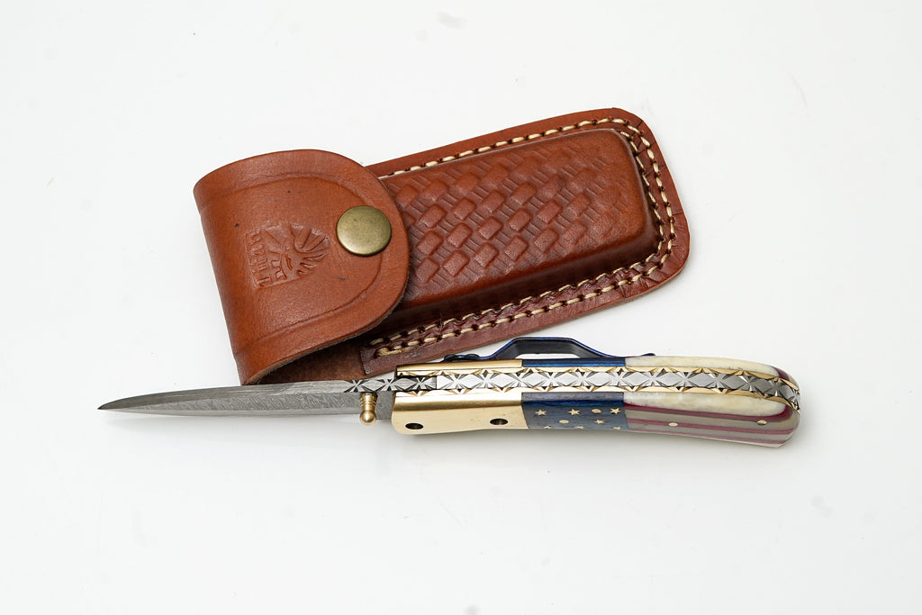 Patriotic American Flag Folding Knife | Hand-Forged Damascus Steel | Custom Blue Pocket Clip Edition TK-475