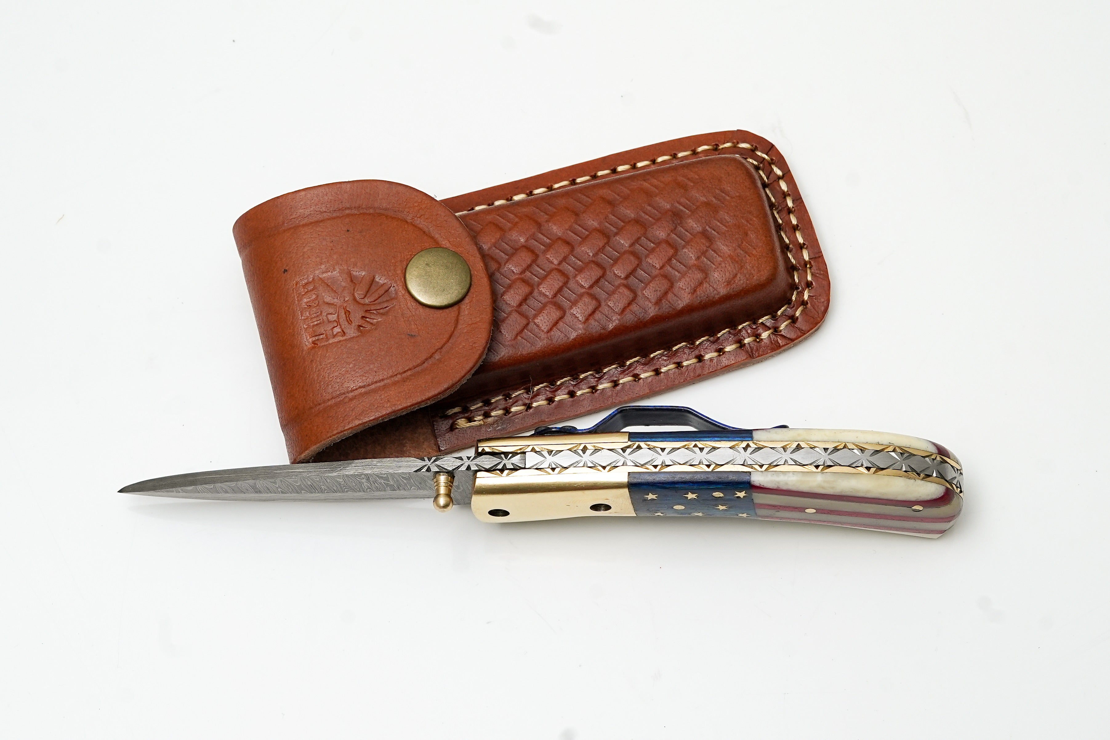 Patriotic American Flag Folding Knife | Hand-Forged Damascus Steel | Custom Blue Pocket Clip Edition TK-475