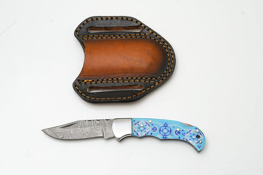 Hand-Forged Damascus Folding Knife | Custom "Blue Mosaic" Art Handle | Horizontal Pancake Sheath TK-479