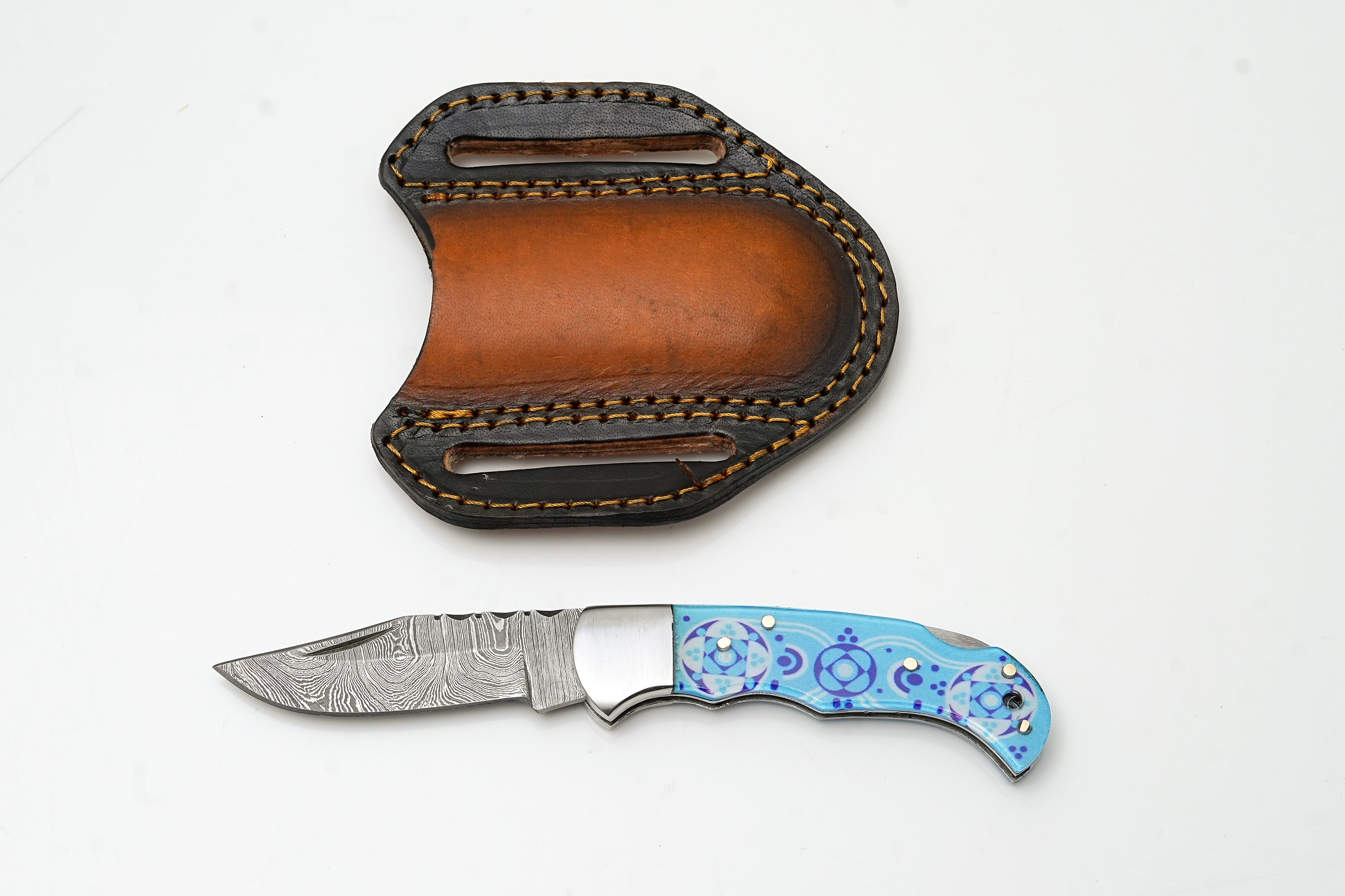 Hand-Forged Damascus Folding Knife | Custom "Blue Mosaic" Art Handle | Horizontal Pancake Sheath TK-479