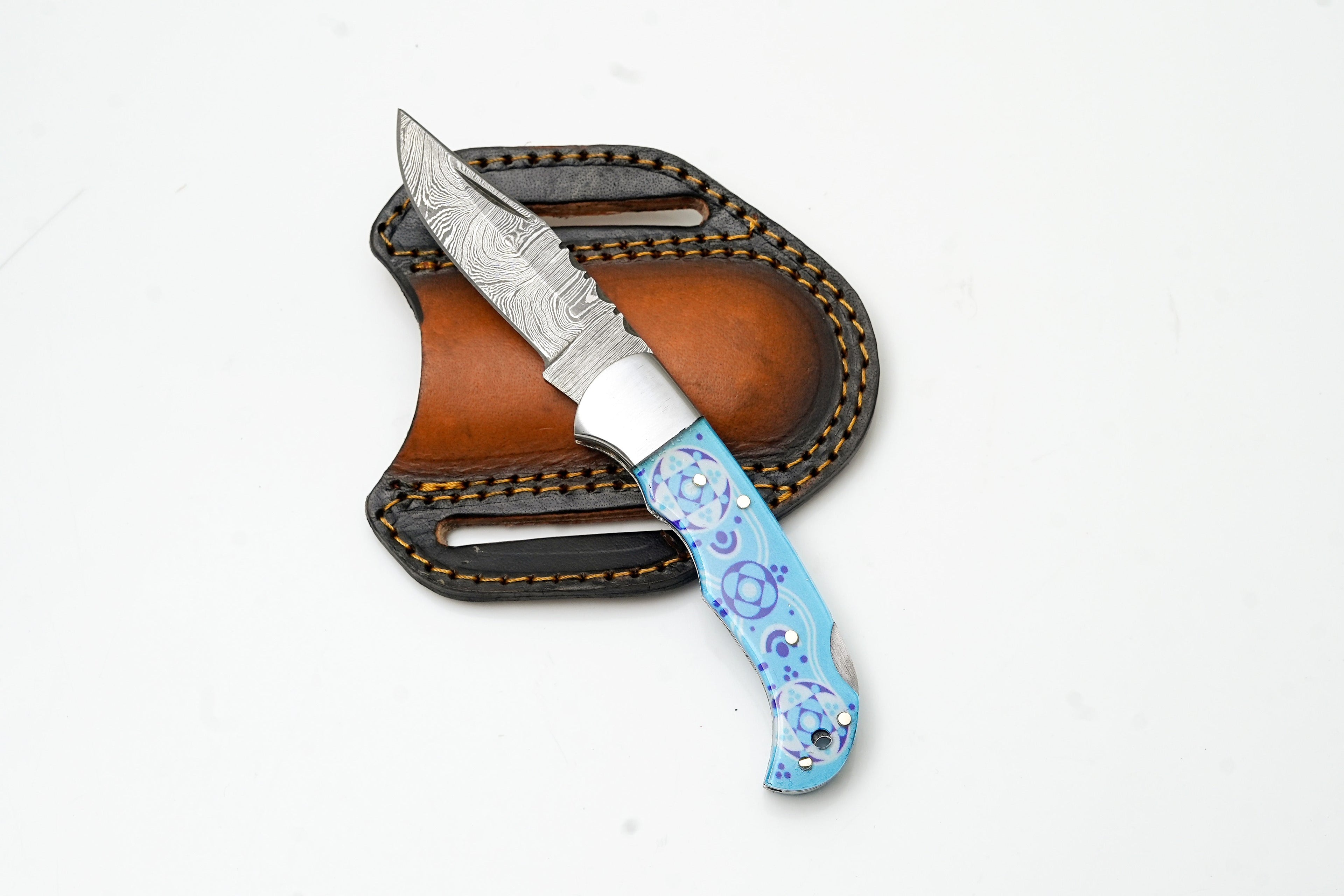 Hand-Forged Damascus Folding Knife | Custom "Blue Mosaic" Art Handle | Horizontal Pancake Sheath TK-479