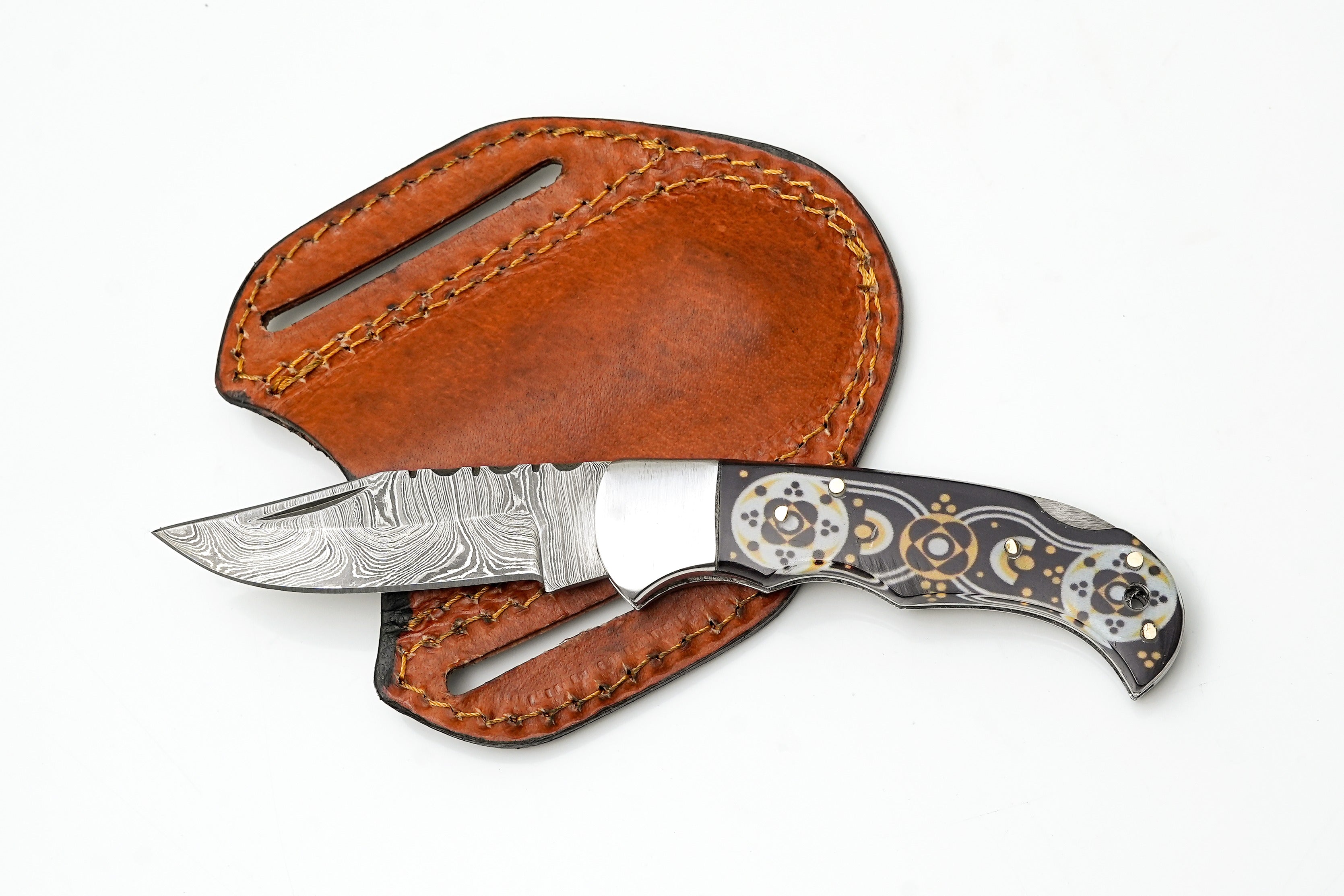 Hand-Forged Damascus Drop Point Folding Knife | Black & Gold Mosaic Handle | Horizontal Carry TK-481