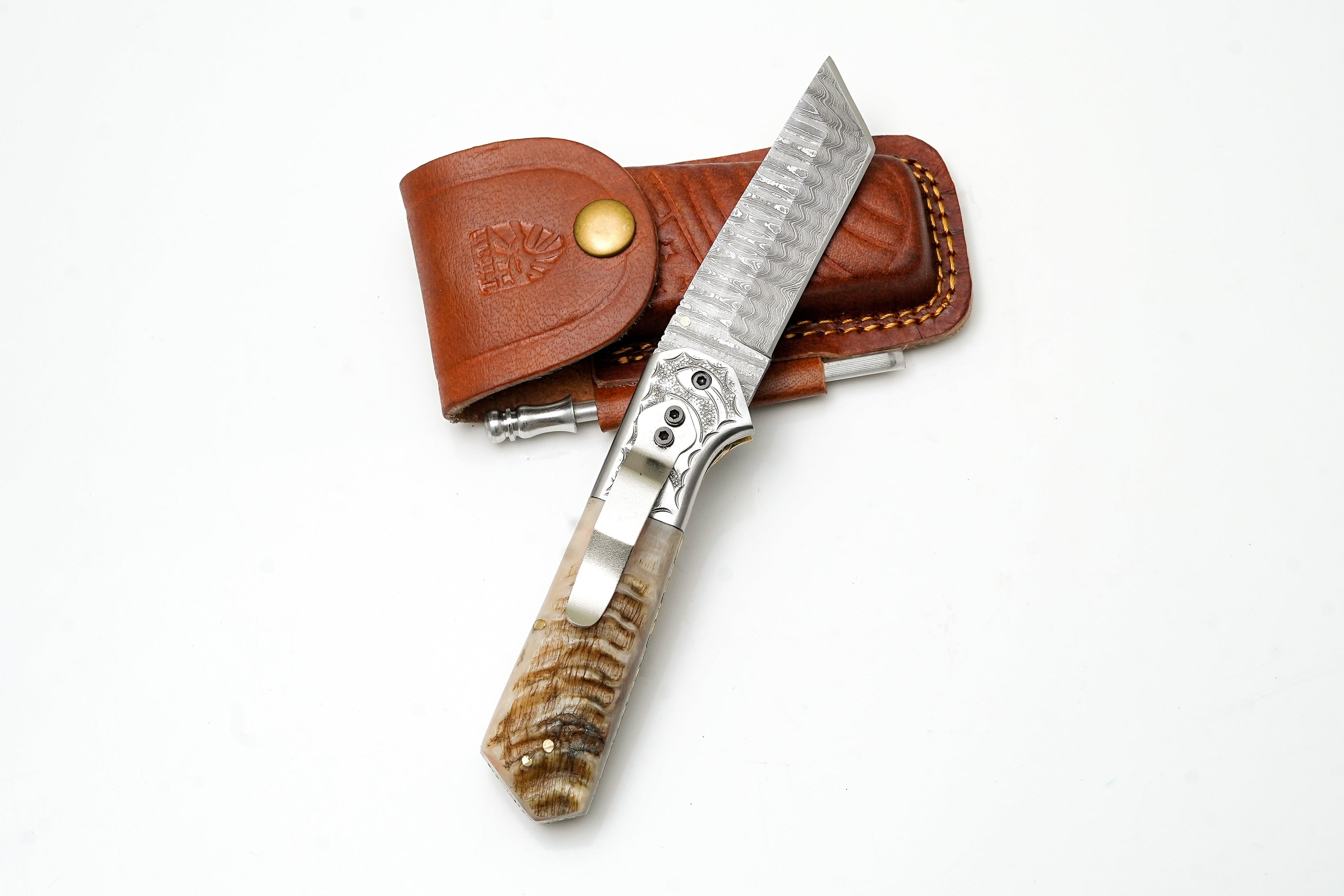 Hand-Forged Damascus Steel Tanto Folding Knife – Artisan Bone Handle with Pocket Clip & Sharpener – Tactical EDC TK-482