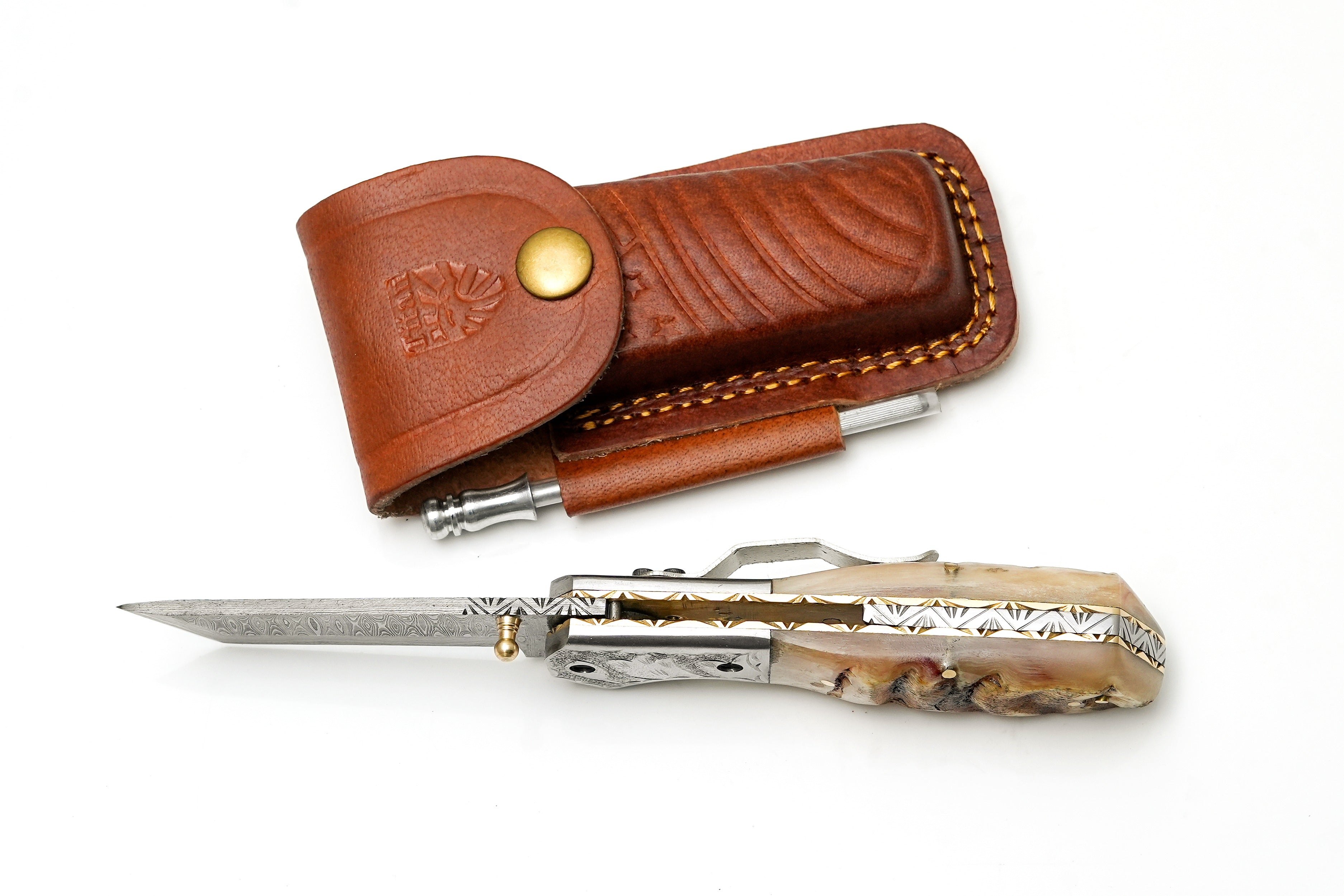 Hand-Forged Damascus Steel Tanto Folding Knife – Artisan Bone Handle with Pocket Clip & Sharpener – Tactical EDC TK-482