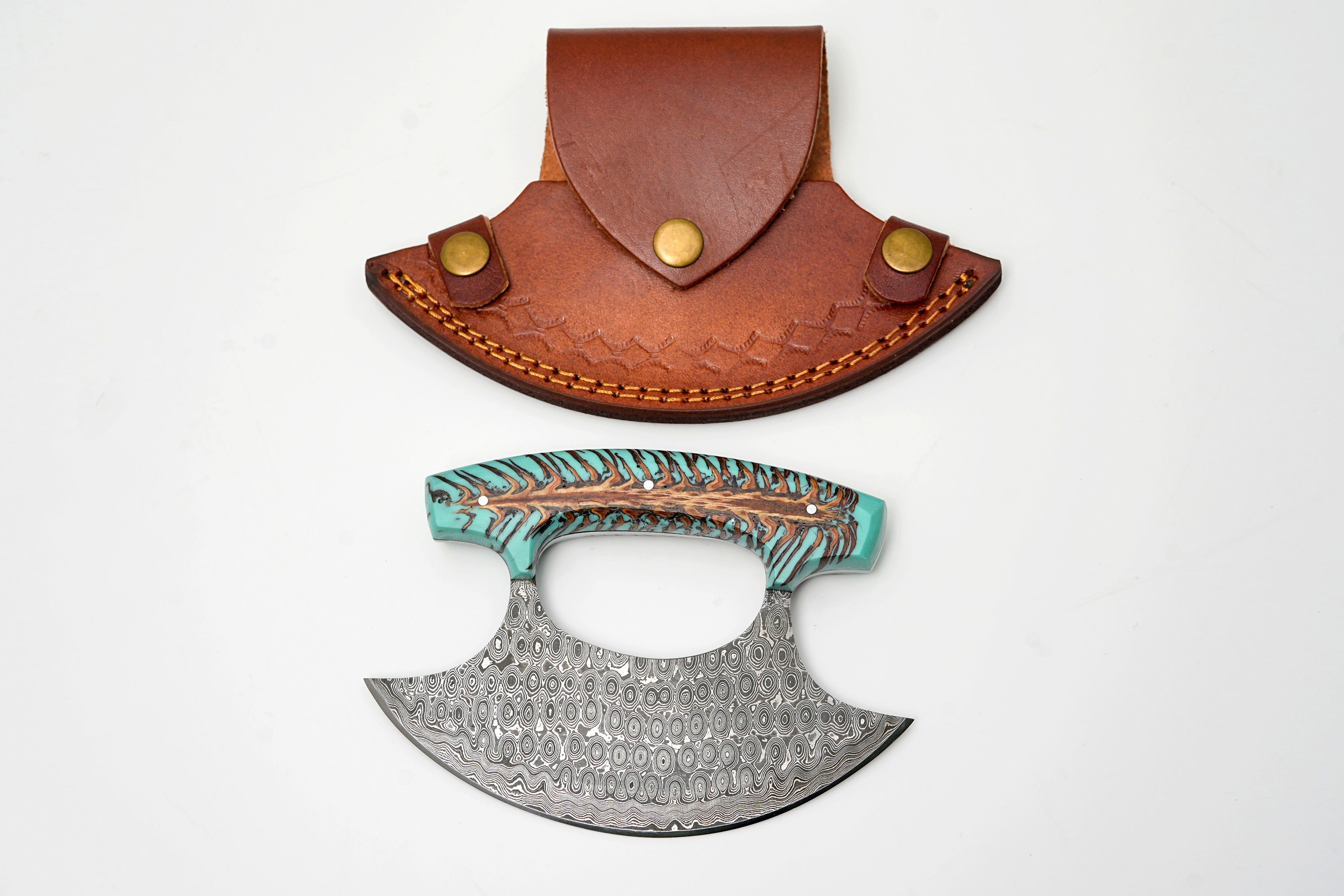 Damascus Steel Ulu Knife | Teal Pine Cone Handle | Crescent Blade Skinner & Cutter TK-487