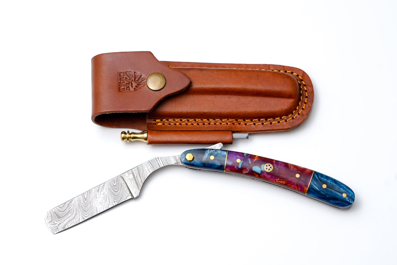 Damascus Straight Razor with Blue & Purple Resin Handle TK-437
