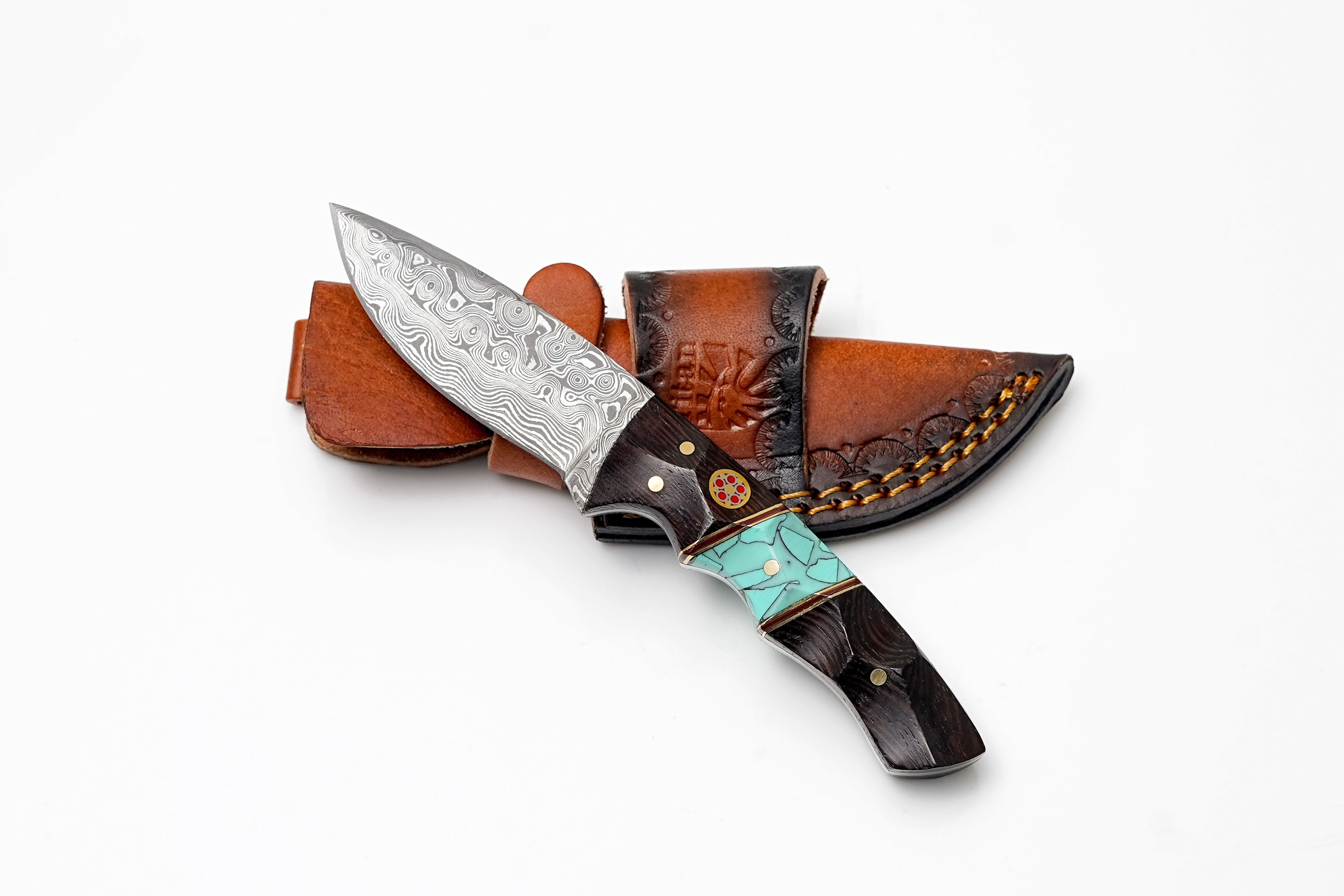 Custom Damascus Steel Drop Point Hunter | Sculpted Wood & Turquoise Inlay Handle | Scout Carry TK-491