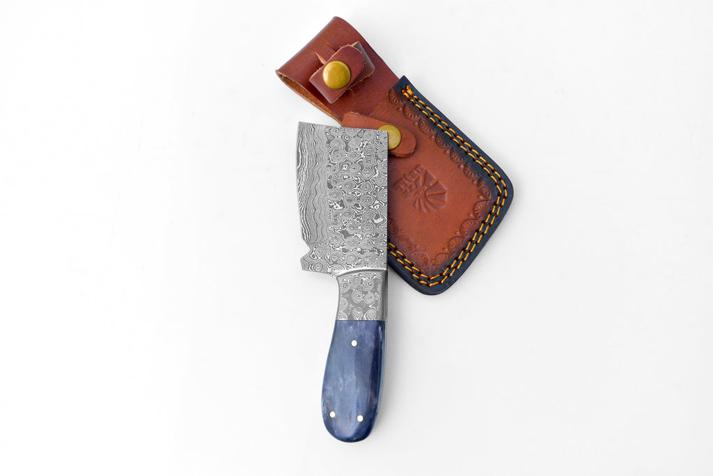 EDC Mini Cleaver/ Handmade Damascus Steel/ Bushcraft knife/ Tactical handle with Dyed Bone Handle TD-231