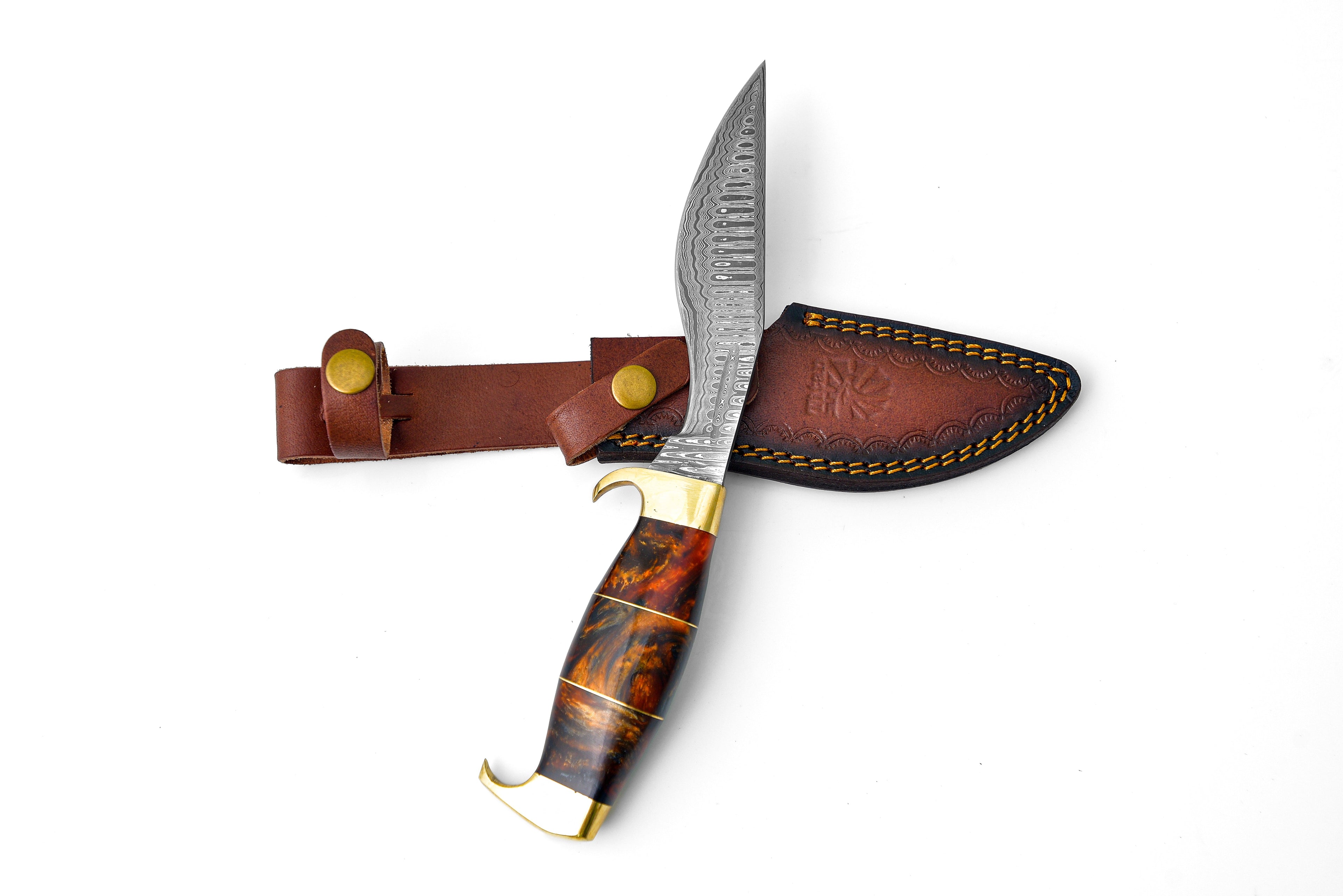 Damascus Steel 'Galaxy' Outdoor Chopping Tool | Orange Resin & Brass Handle TK-206