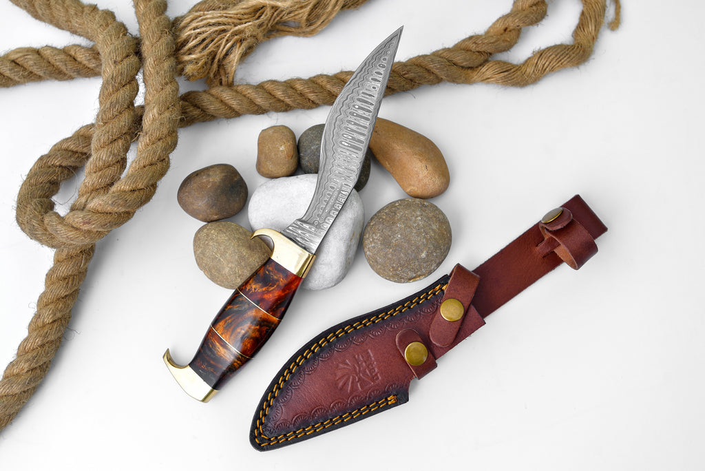Damascus Steel 'Galaxy' Outdoor Chopping Tool | Orange Resin & Brass Handle TK-206