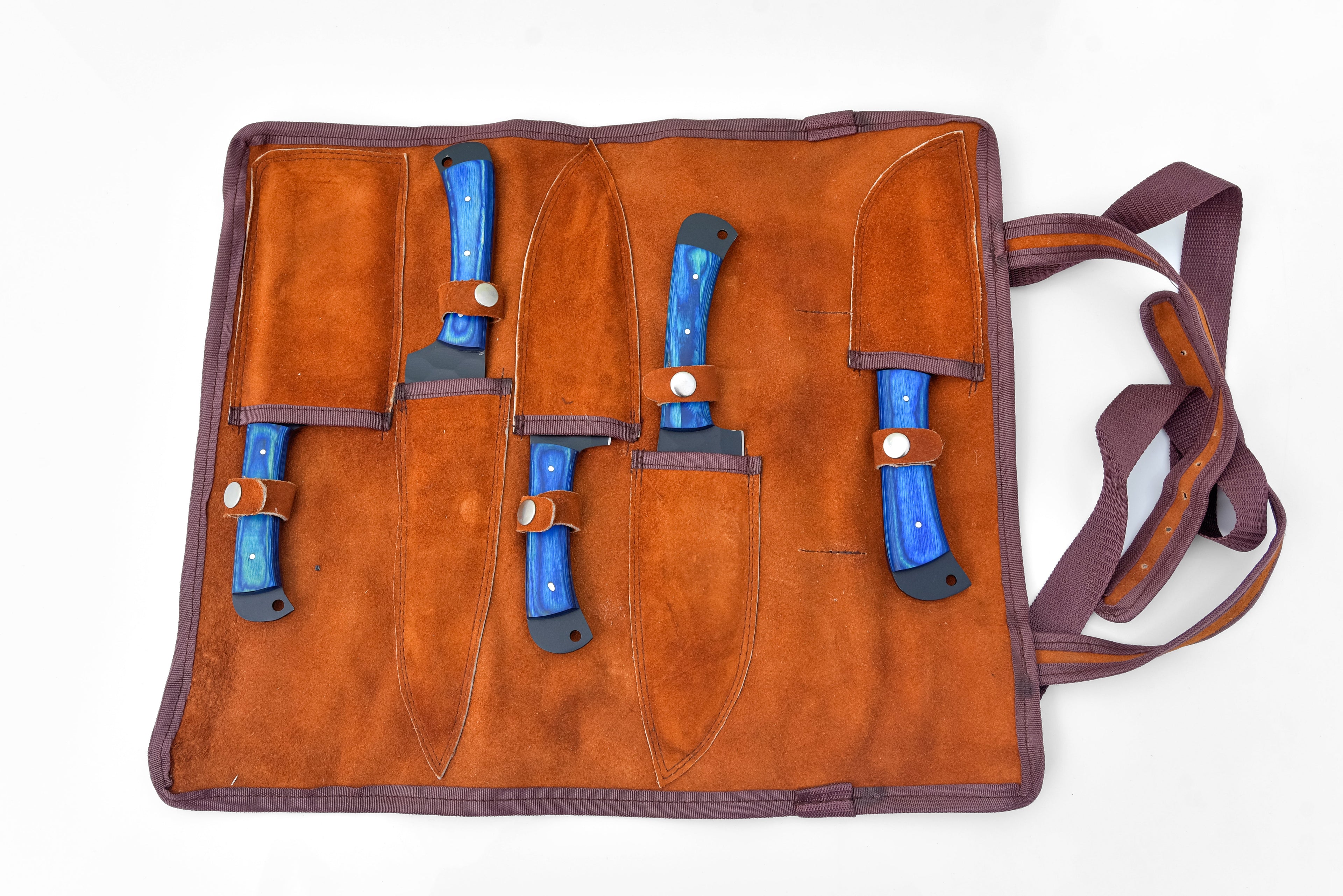 5-Piece  Knife Set / With Leather carry Bag Blue (Cheff Set Carbon 02)