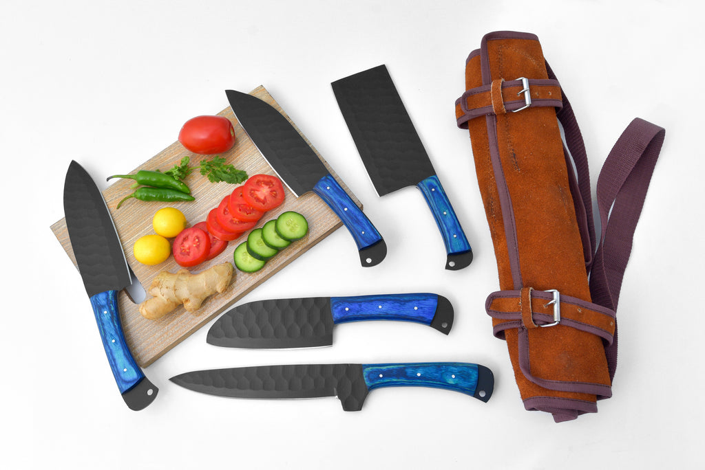 5-Piece  Knife Set / With Leather carry Bag Blue (Cheff Set Carbon 02)