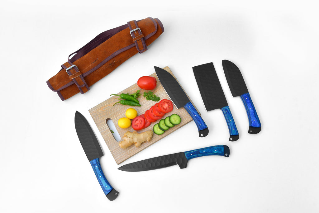 5-Piece  Knife Set / With Leather carry Bag Blue (Cheff Set Carbon 02)