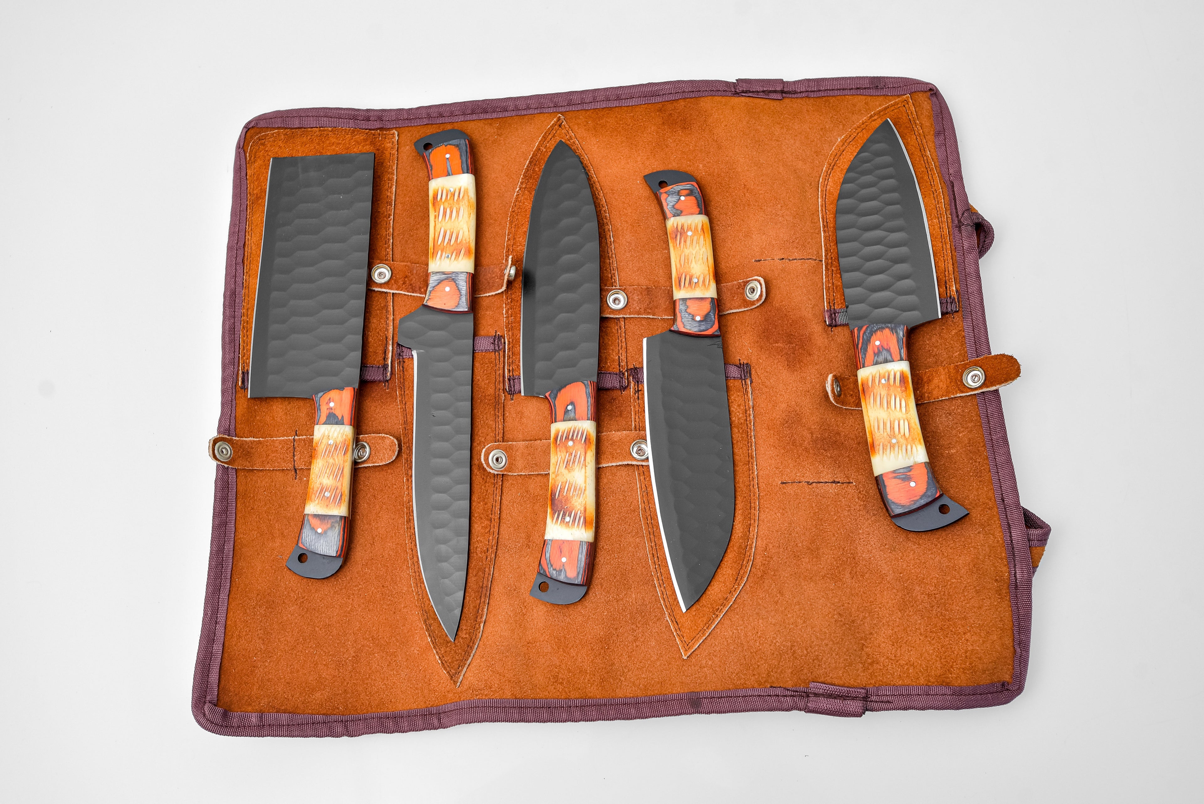 5-Piece  Knife Set / With Leather carry Bag Burnt Bone - TK-089 X