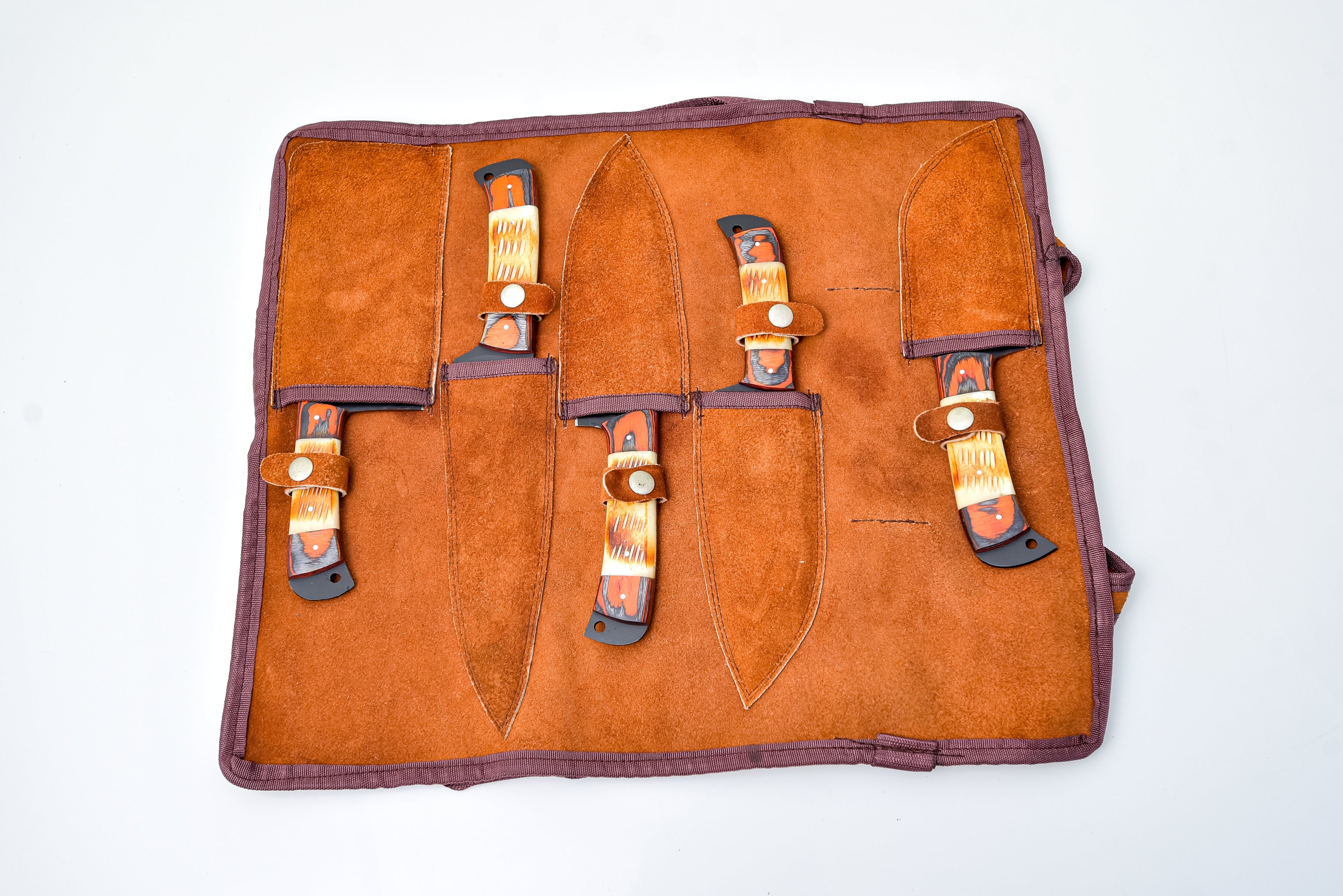 5-Piece  Knife Set / With Leather carry Bag Burnt Bone - TK-089 X