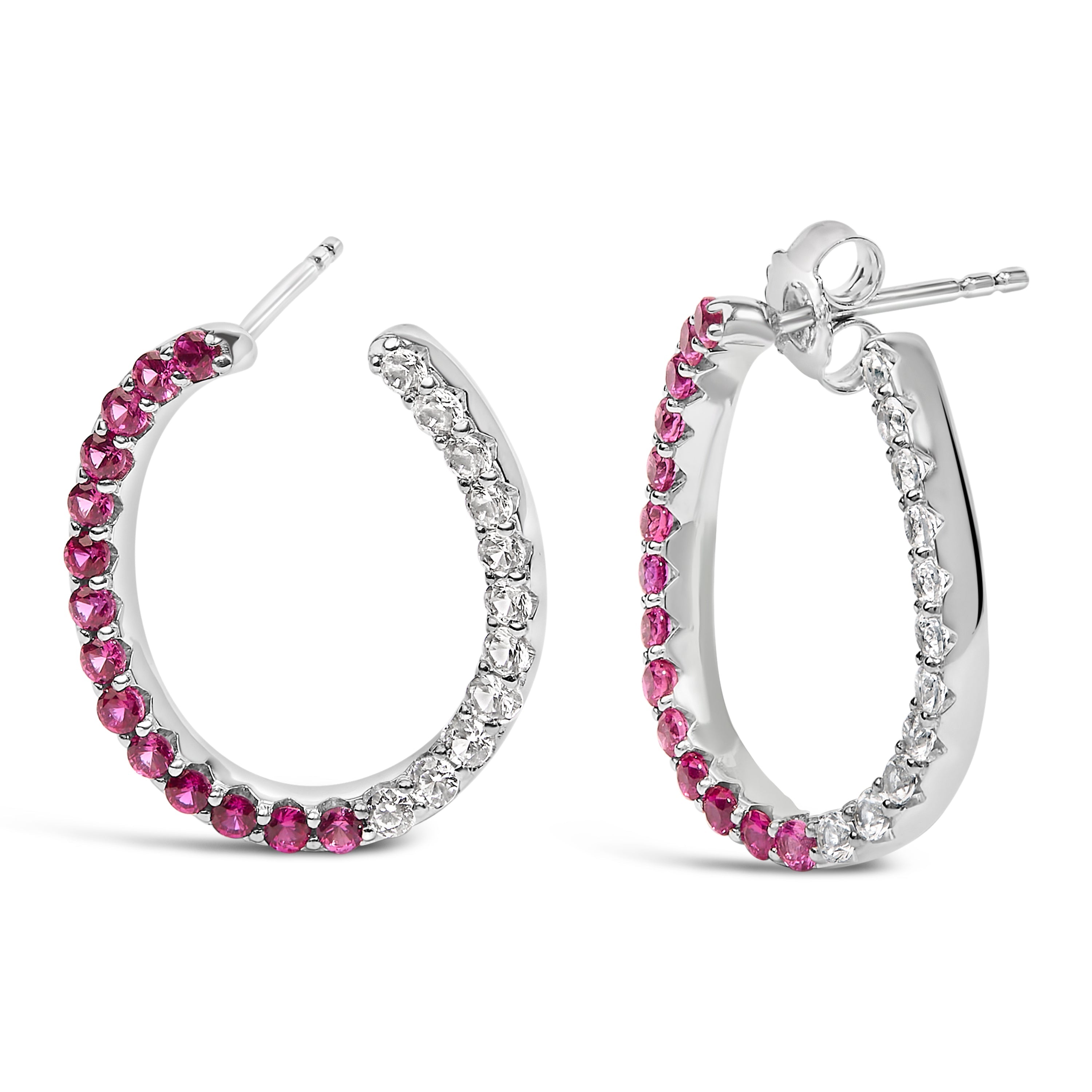 Sterling Silver Lab Created Ruby and White Sapphire Hoop Earrings
