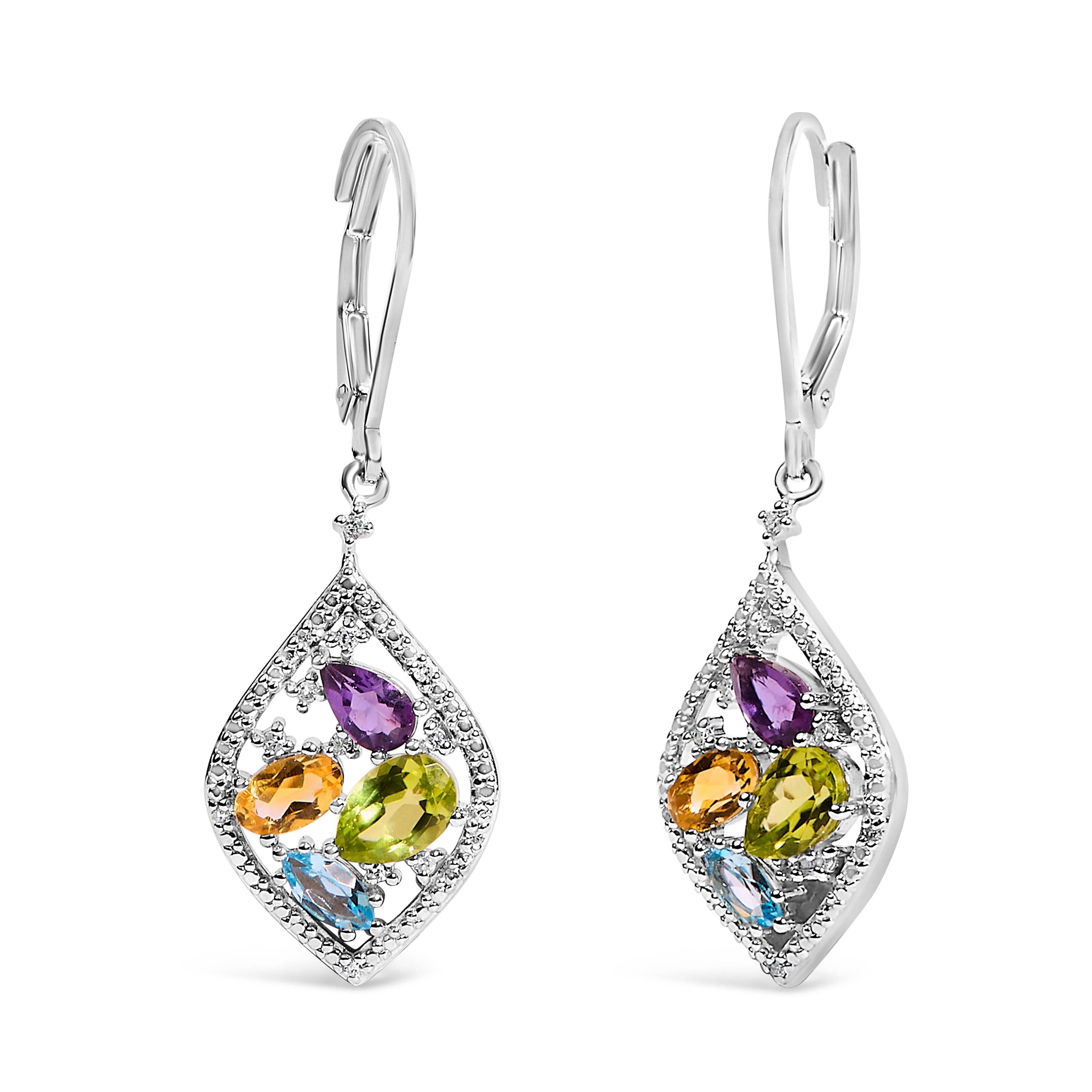 Sterling Silver Diamond Accent Multi Stone Rhombus Drop Earrings