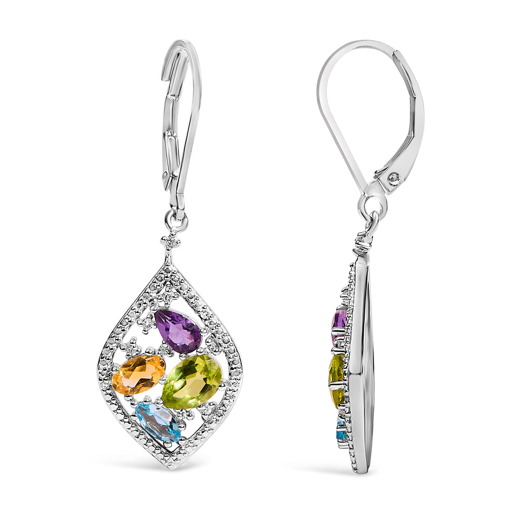 Sterling Silver Diamond Accent Multi Stone Rhombus Drop Earrings