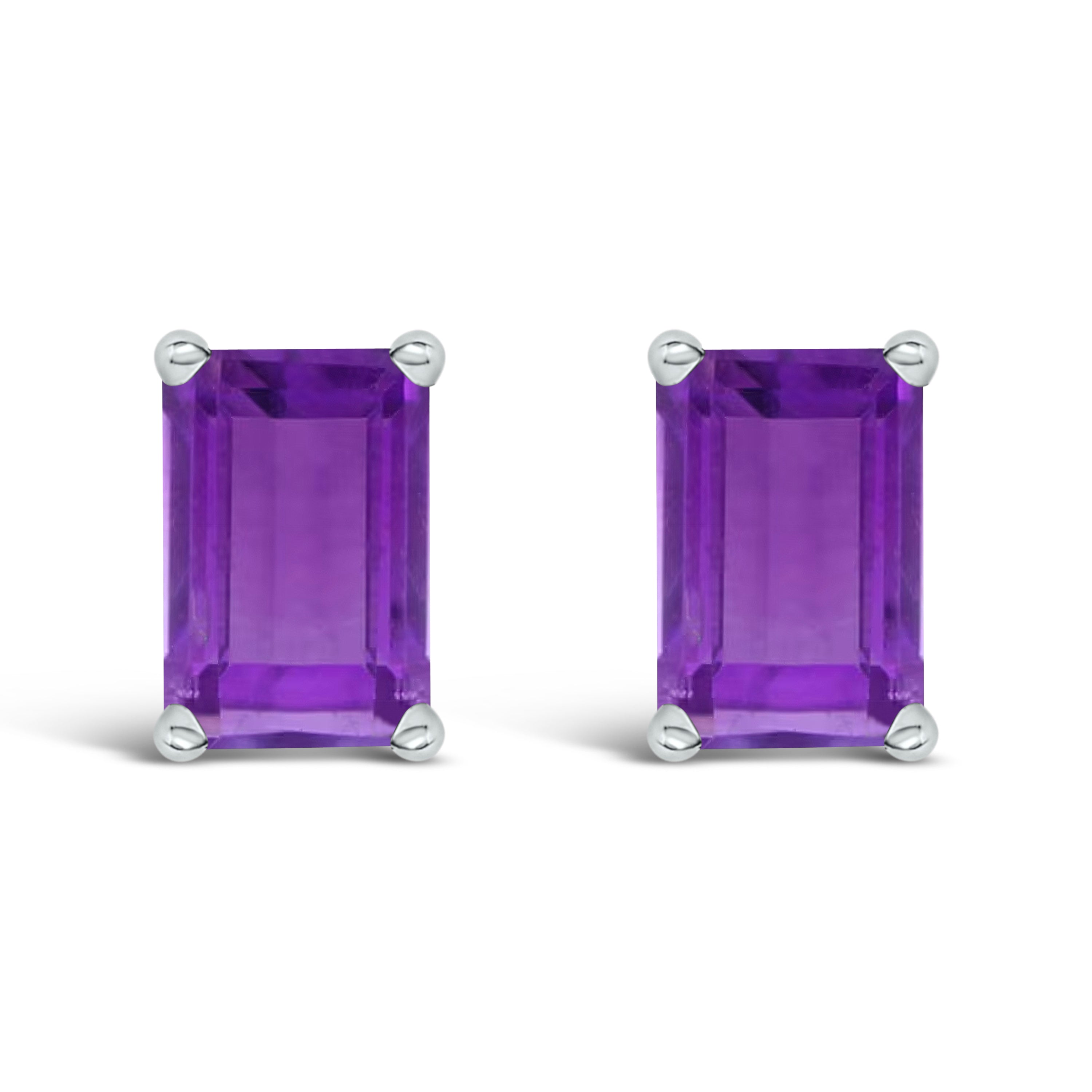 14K White Gold 6x4MM Emerald Shaped Amethyst Solitaire Stud Earrings
