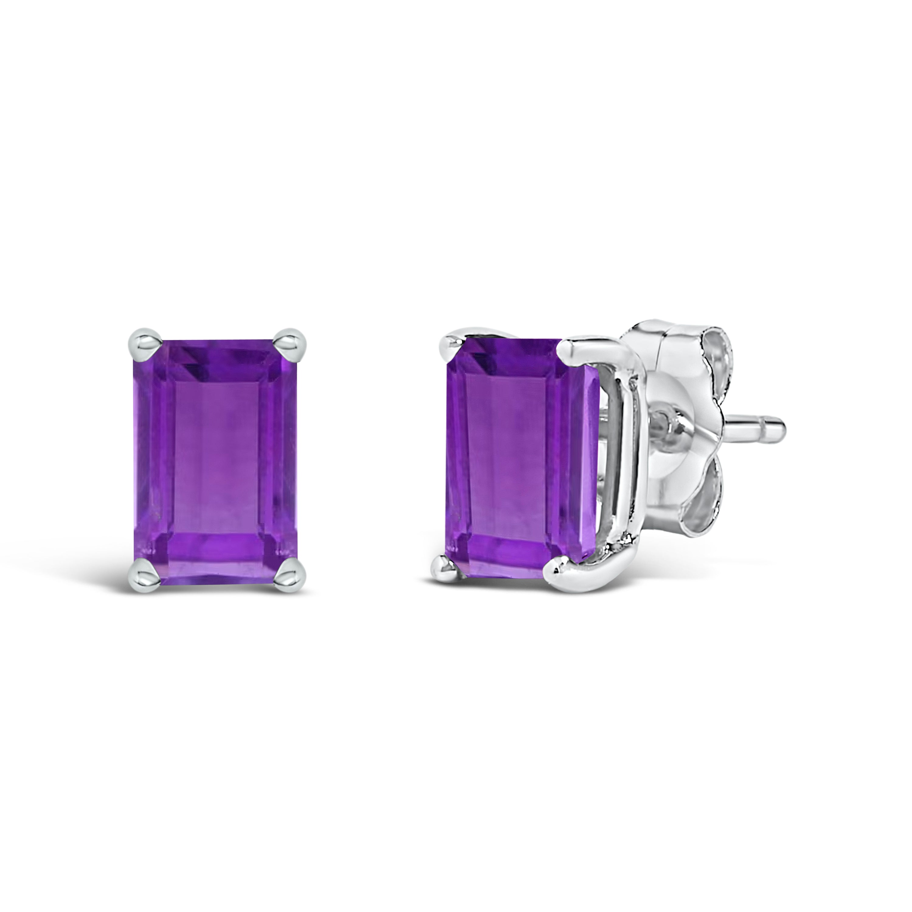 14K White Gold 6x4MM Emerald Shaped Amethyst Solitaire Stud Earrings