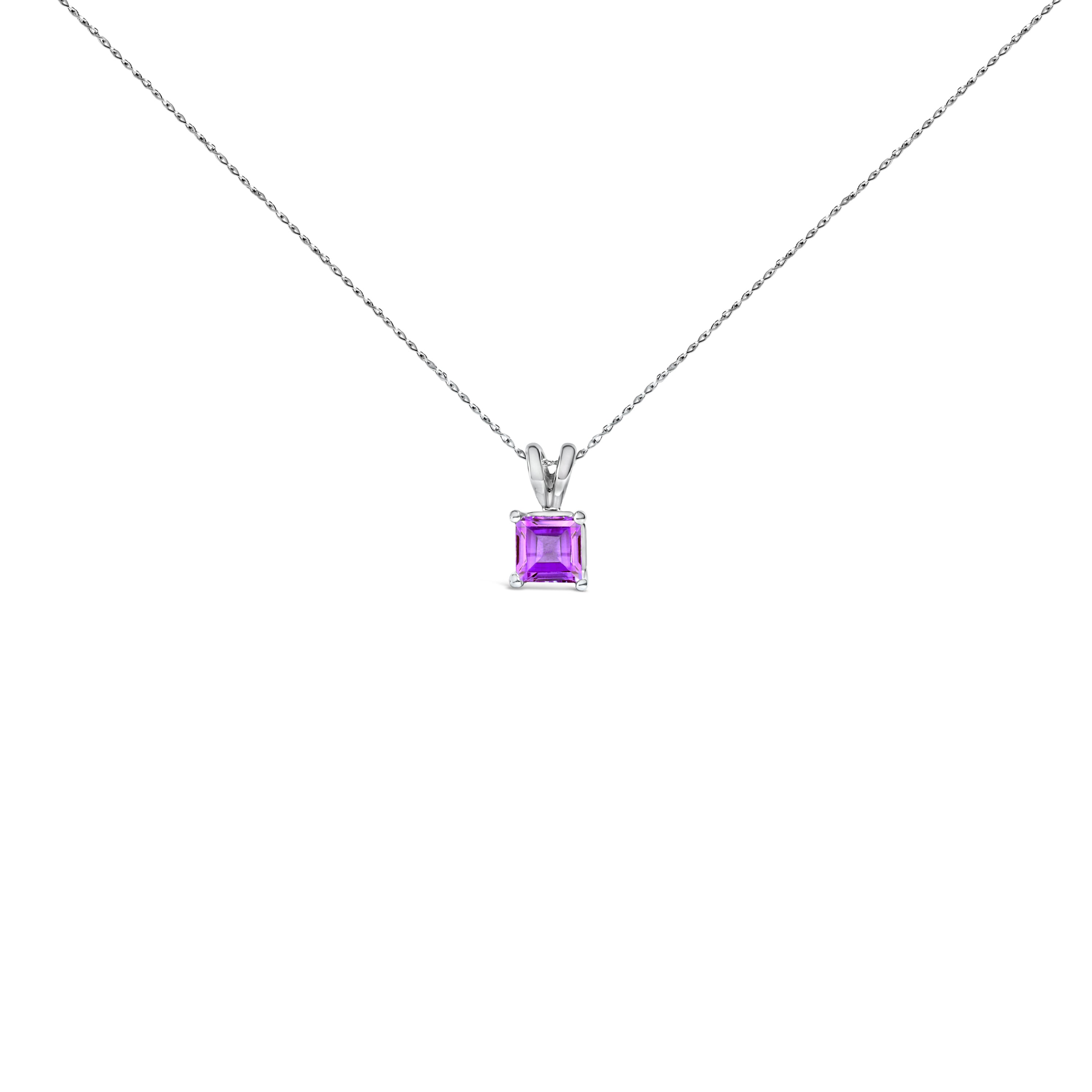 14K White Gold 5x5 MM Square Shaped Purple Amethyst Solitaire Pendant Necklace