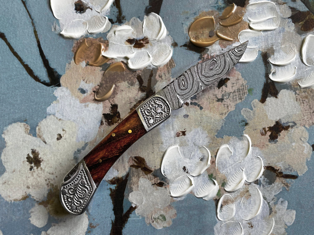 POCKET KNIFE WALNUT WOOD 6.5'' DAMASCUS STEEL KNIFE STEEL BOLSTER BACK LOCK FOLDING KNIFE TF-010