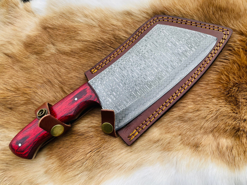 Custom Damascus steel cleaver Red Handle (Cleaver-red)