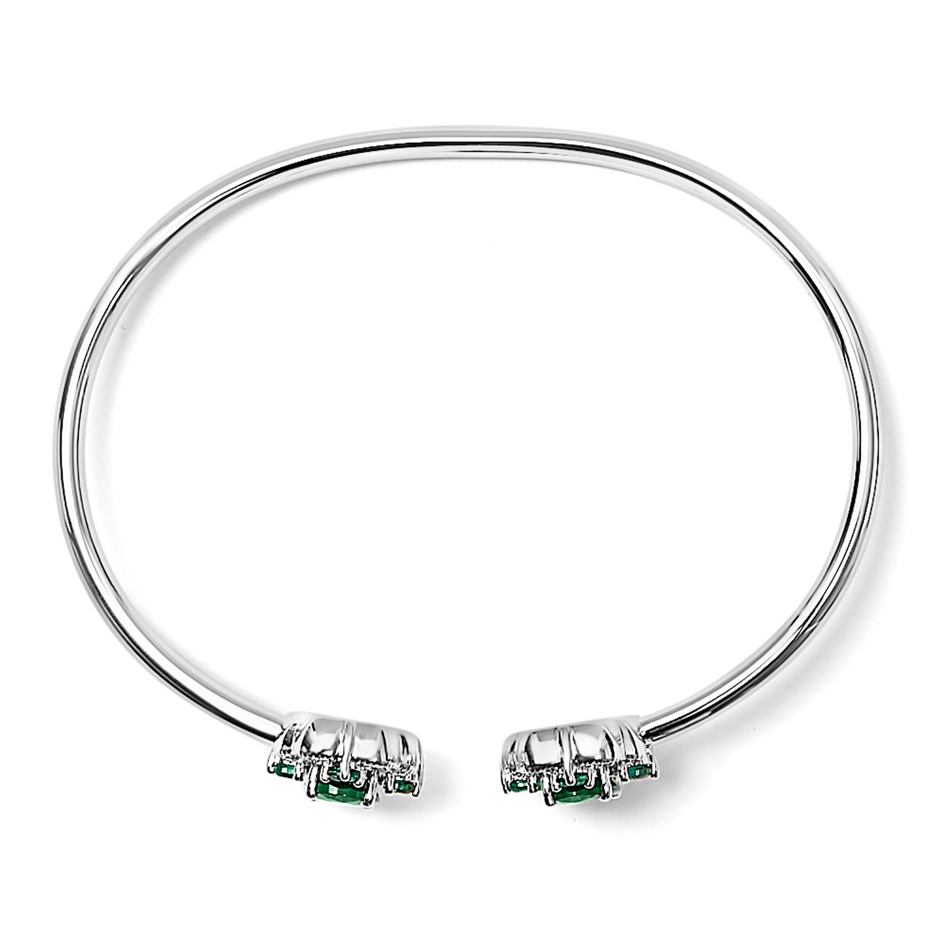 Sterling Silver White Topaz and Green Emerald Floral Bangle Bracelet
