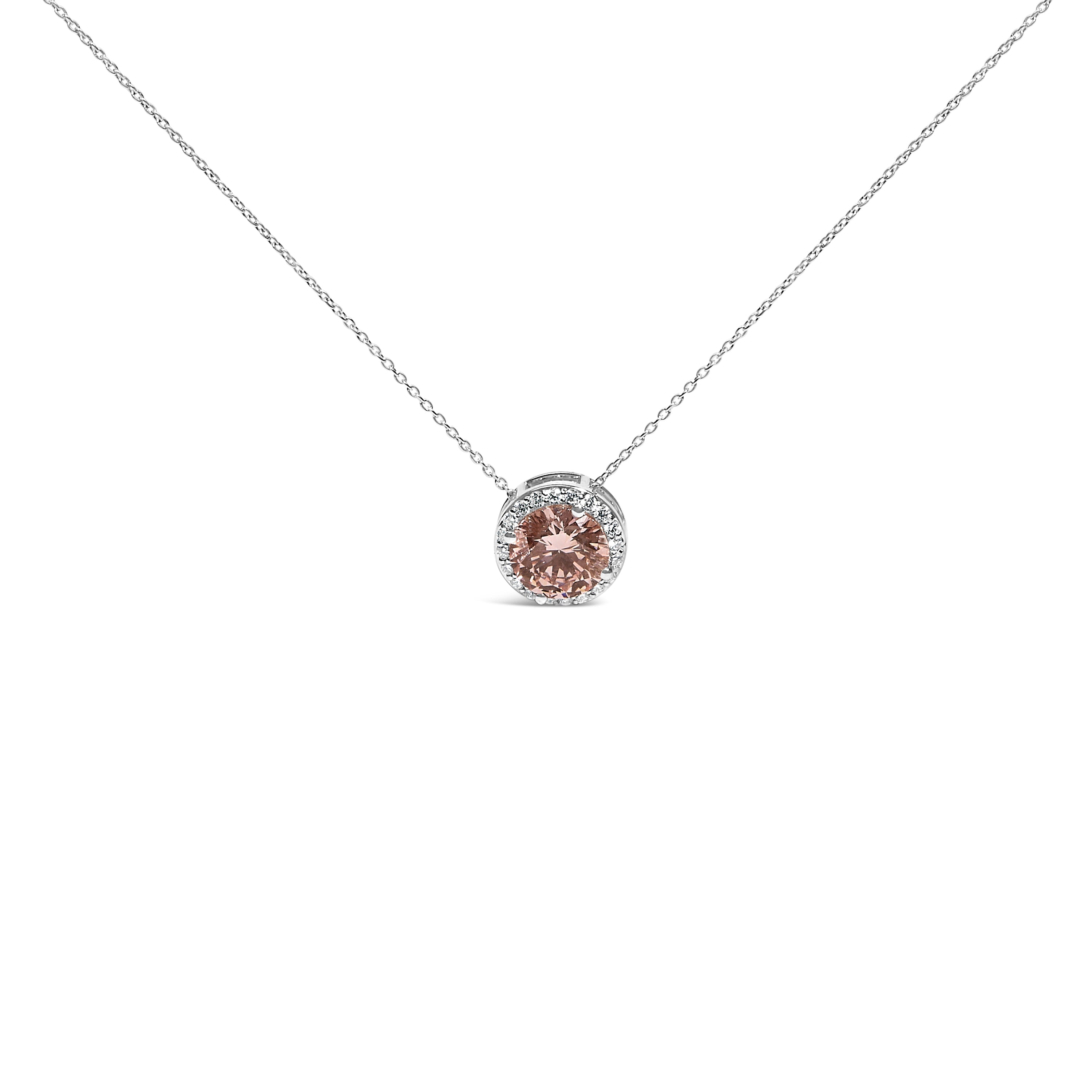 14K White Gold 2 3/8 Cttw Lab Grown Pink Diamond Solitaire with Halo Pendant Necklace - 17" Inches