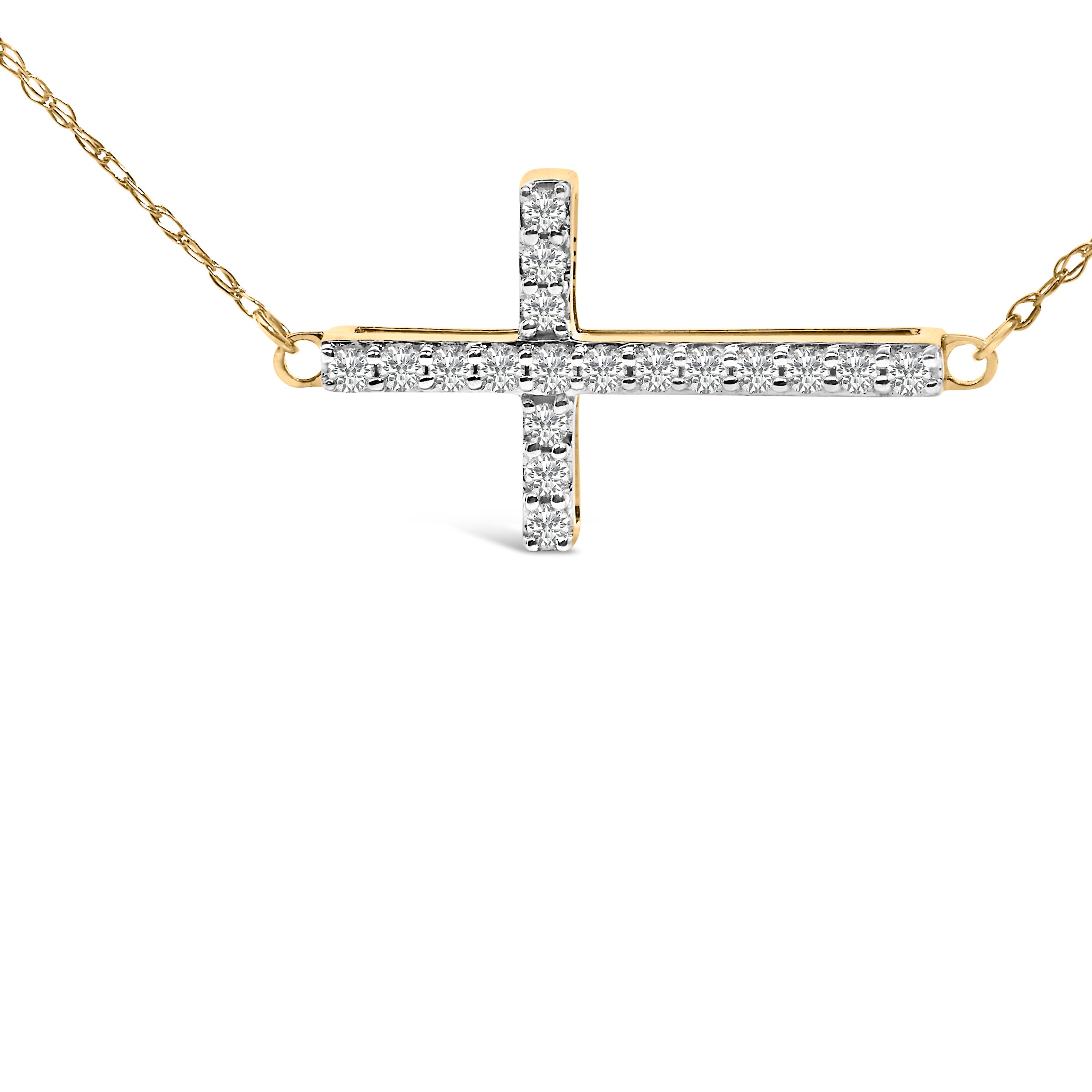 10K Yellow Gold 1/5 Cttw Diamond Sideways Cross Pendant Necklace