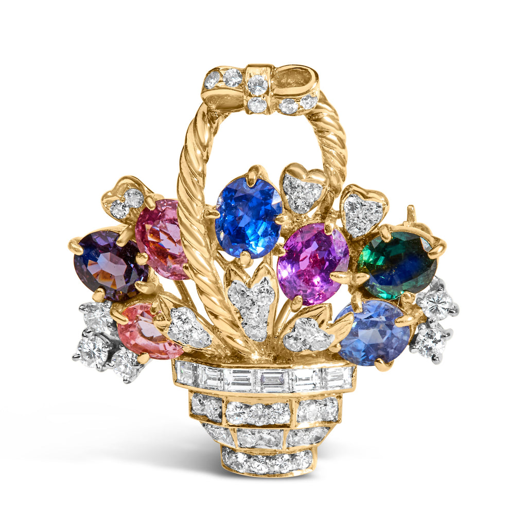 18K Yellow Gold 1 1/10 Cttw Diamond and Mixed Gemstone Floral Bouquet Pendant and Brooch Pin (G-H Color, VS1-VS2 Clarity)