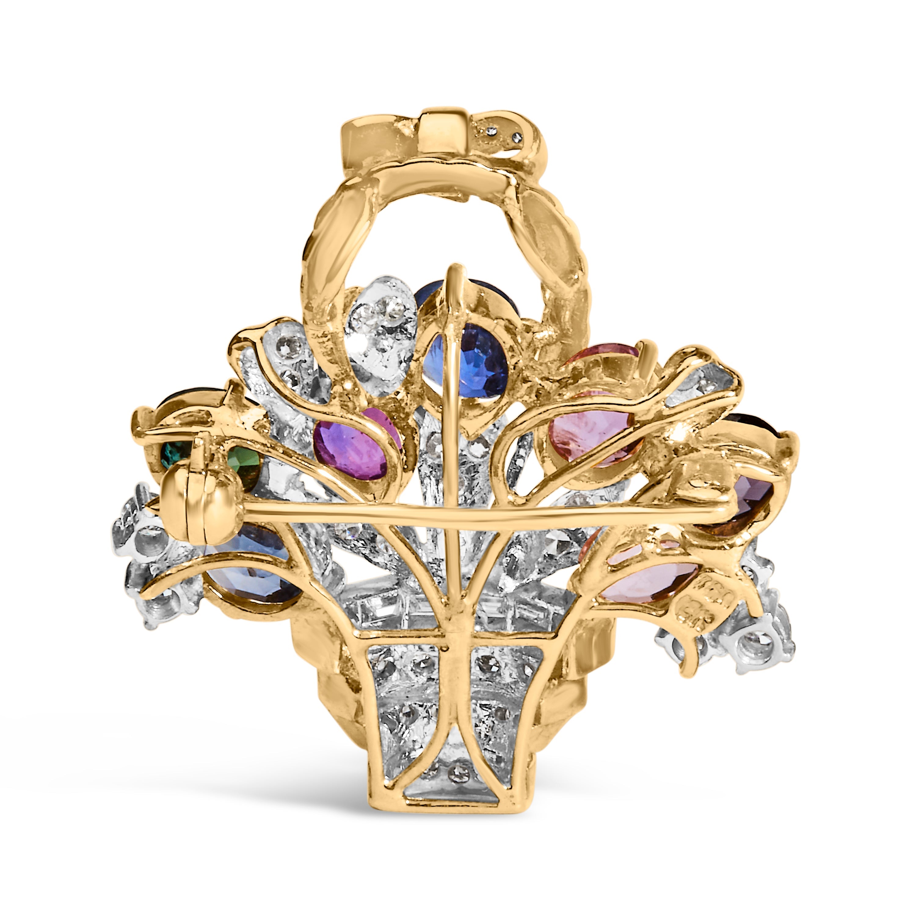 18K Yellow Gold 1 1/10 Cttw Diamond and Mixed Gemstone Floral Bouquet Pendant and Brooch Pin (G-H Color, VS1-VS2 Clarity)