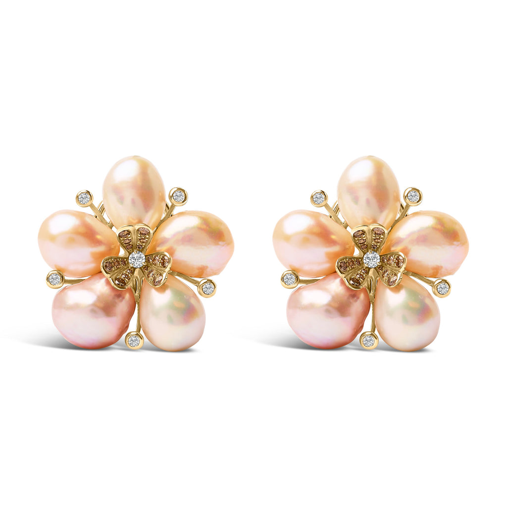 18K Rose Gold 3/8 Cttw Diamond and Freshwater Pearl Blossom Stud Earrings