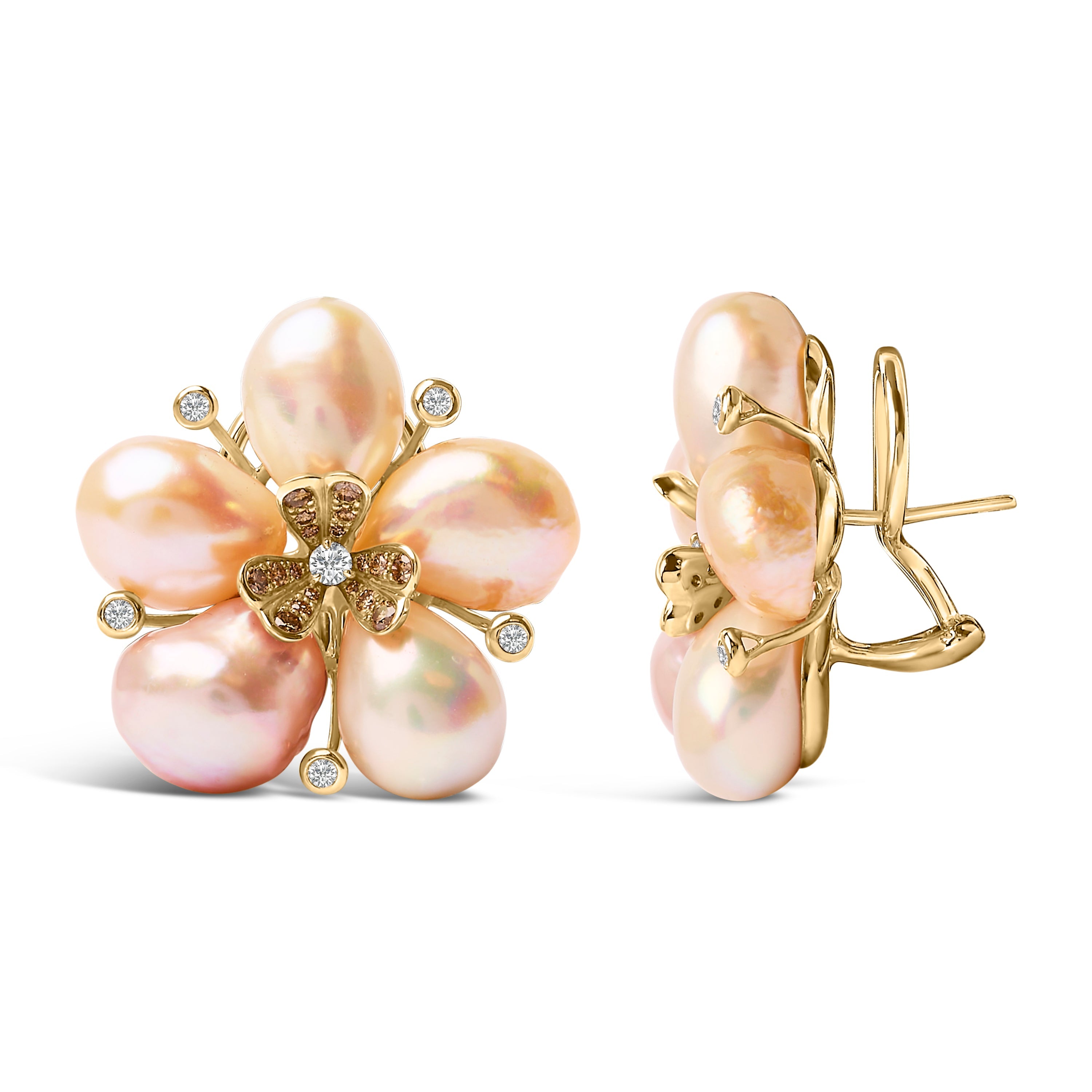 18K Rose Gold 3/8 Cttw Diamond and Freshwater Pearl Blossom Stud Earrings