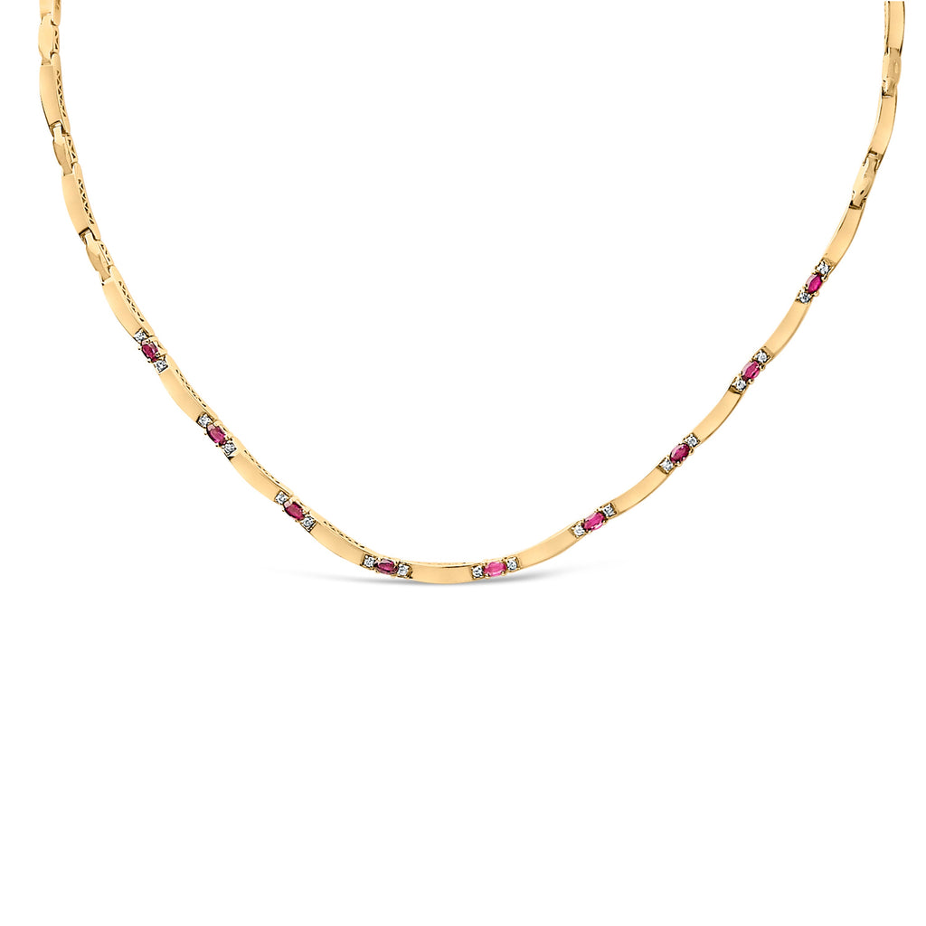 14K Yellow Gold Red Ruby and 3/8 Cttw Diamond Alternating Link Necklace