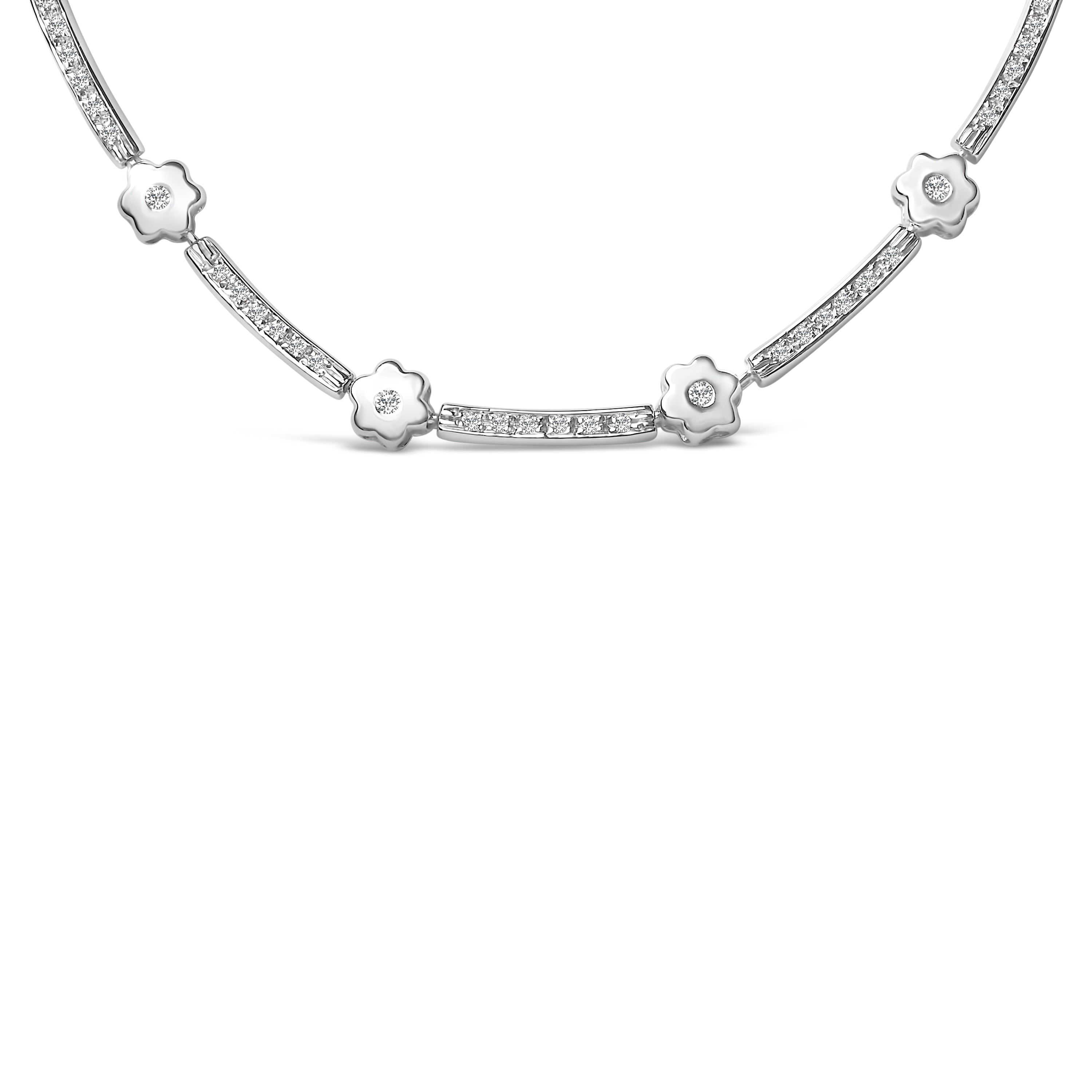14K White Gold 1.0 Cttw Diamond Flower and Bar Station Necklace