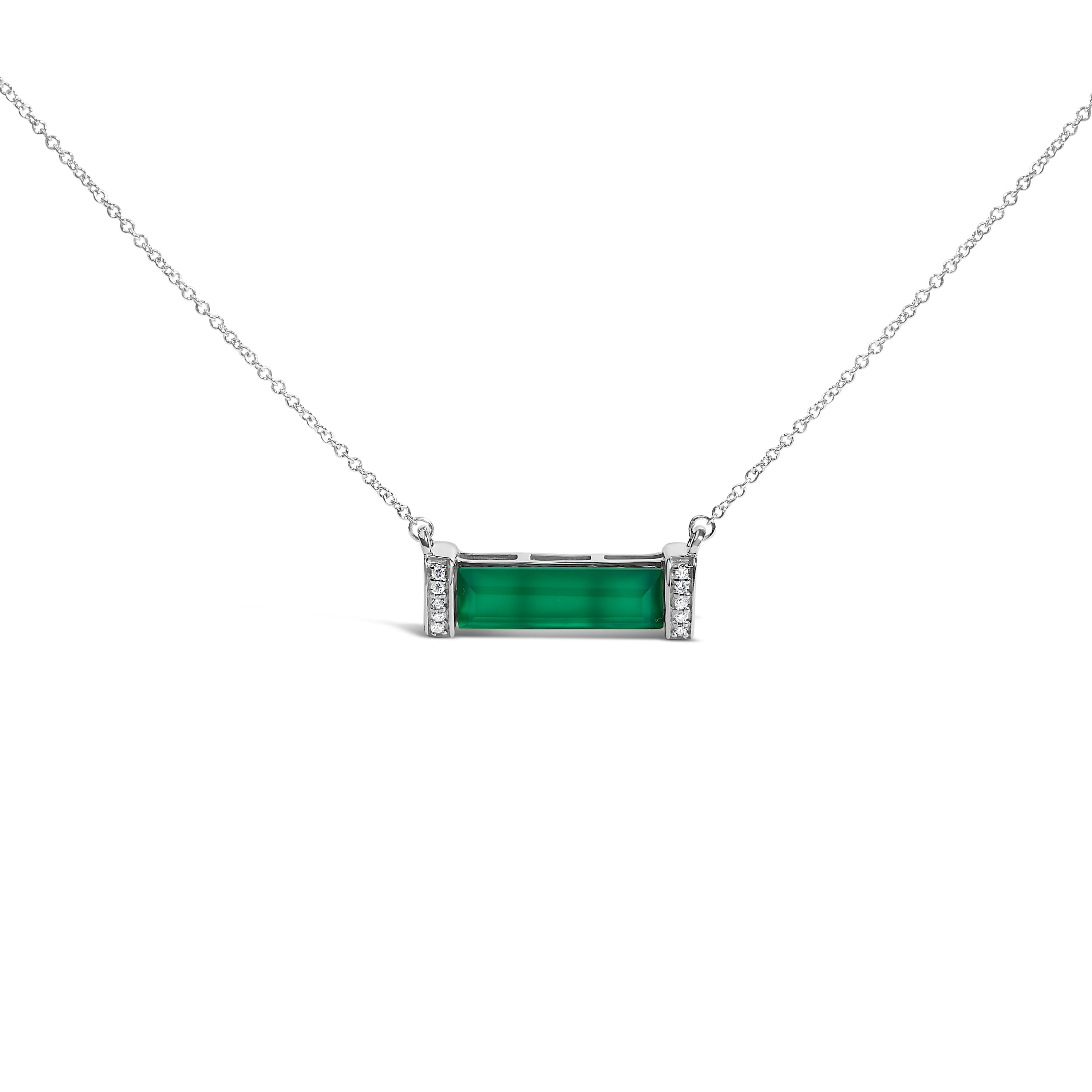 Sterling Silver Diamond Accent and Green Agate Bar Pendant Necklace