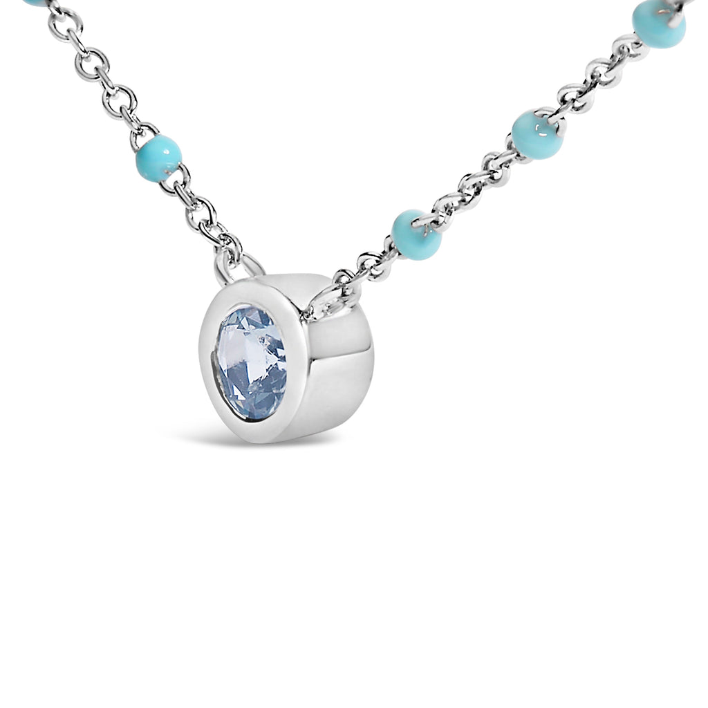 Sterling Silver Bezel Set Light Blue Aquamarine and Enamel Bead Chain Necklace